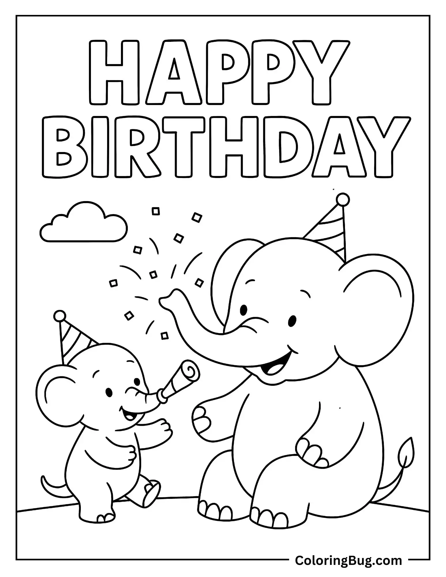 Baby Elephant with a Party Horn Spraying Confetti onto Dad Elephant Coloring Sheet