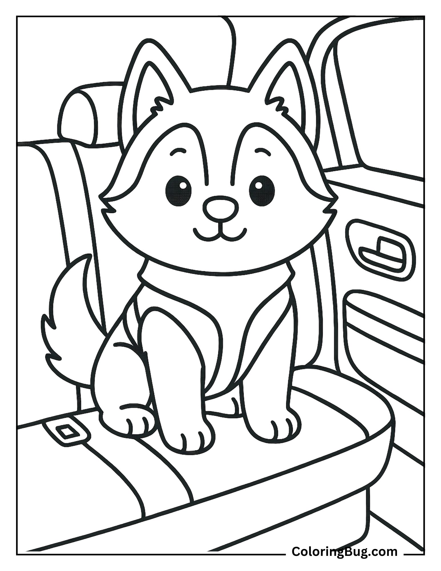 Baby Husky Riding in the Back Seat of a Car Coloring Sheet