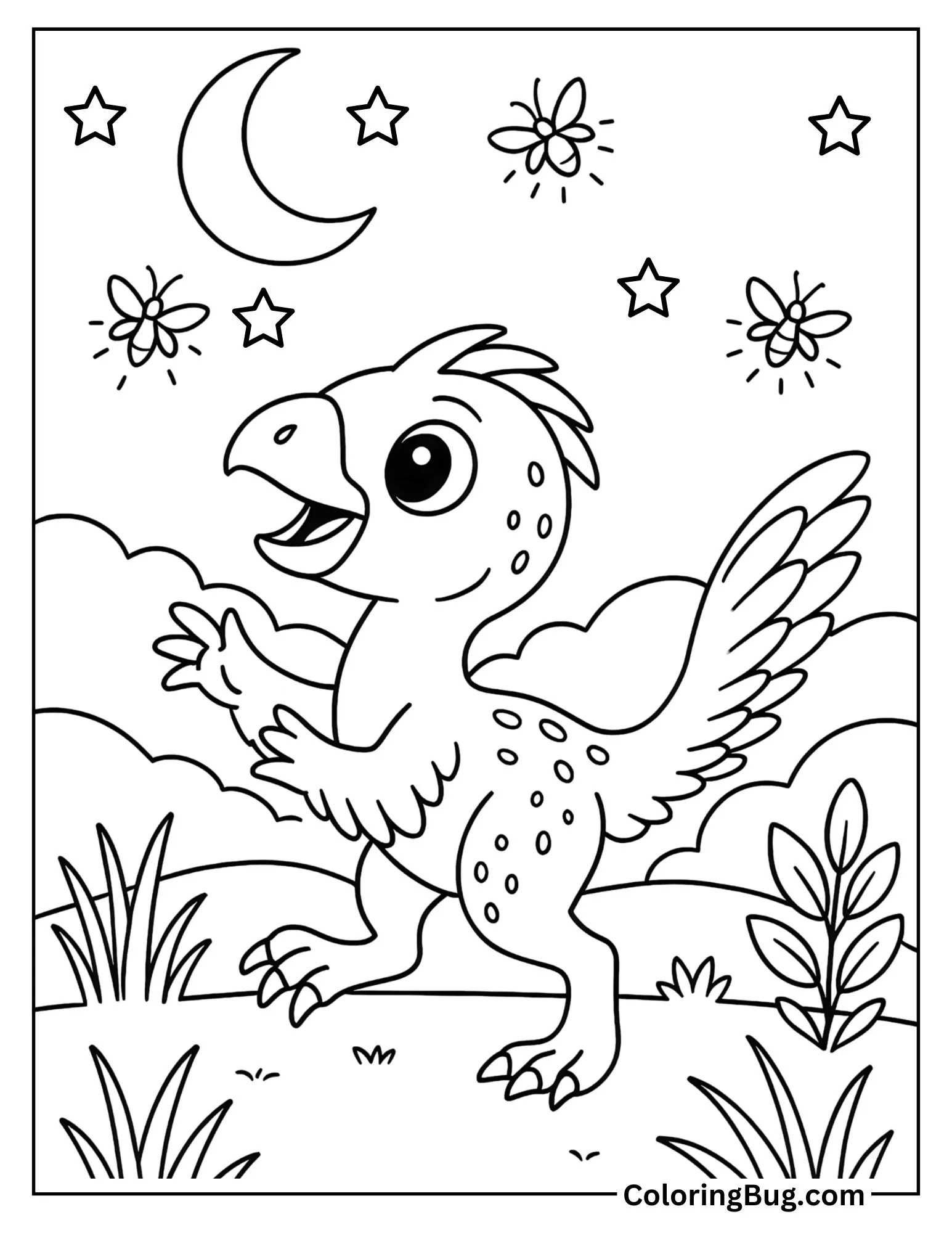 Baby Oviraptor Chasing Fireflies at Dusk Coloring Sheet