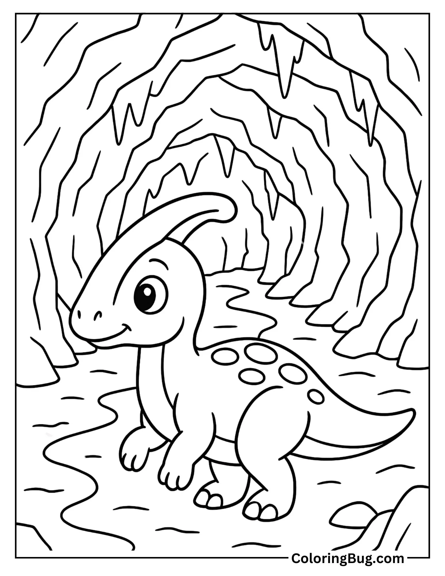 Baby Parasaurolophus Exploring a Cave Coloring Sheet