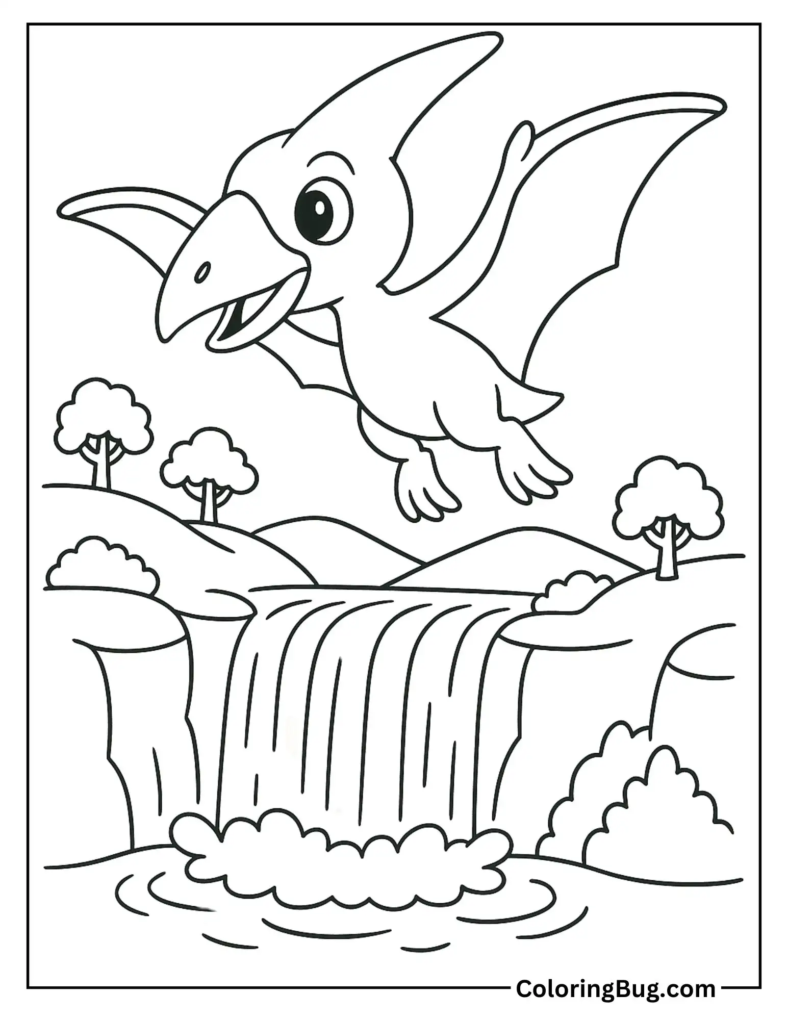 Baby Pteranodon Flying Above a Waterfall Coloring Sheet