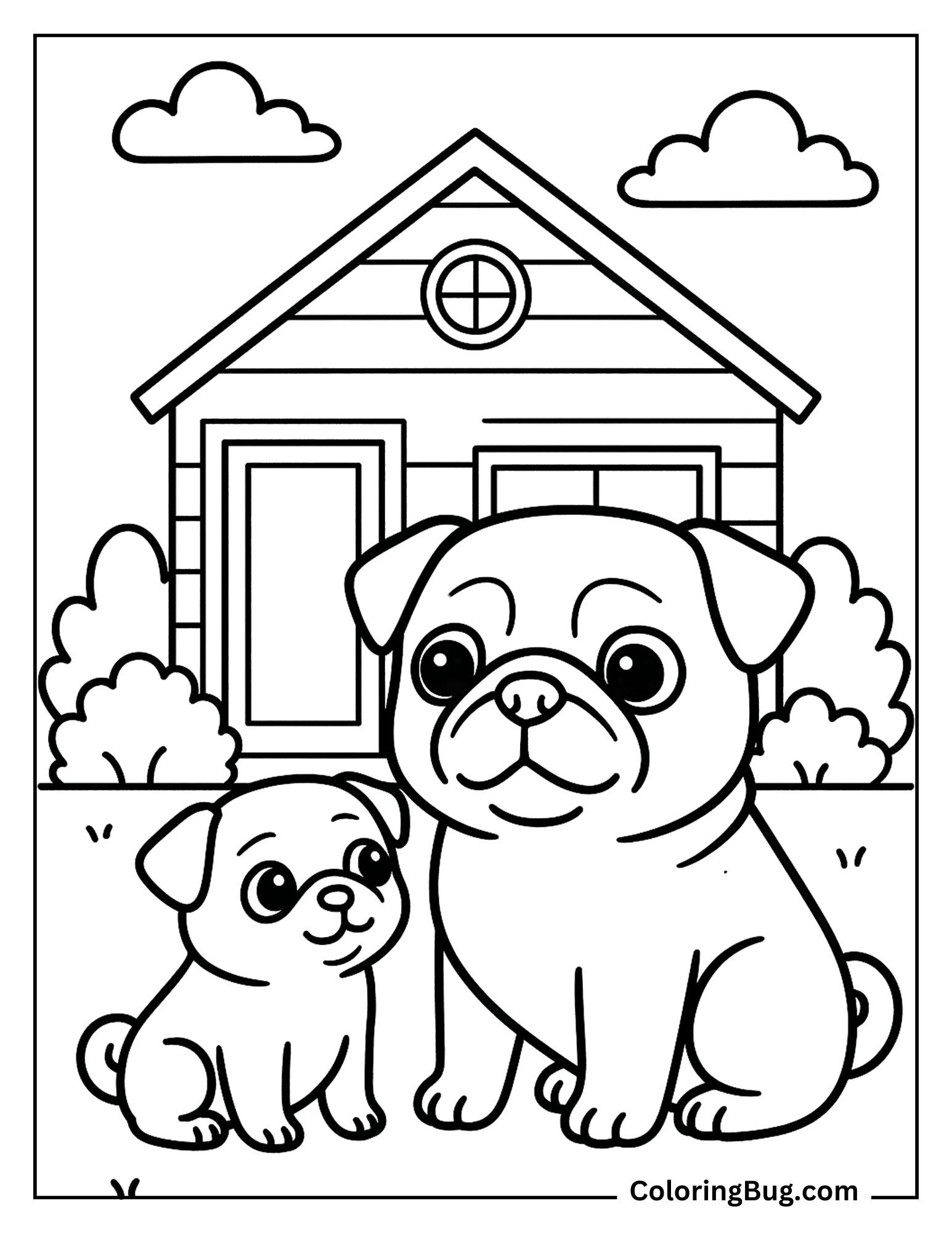 Baby Pug With Its Mama Pug Coloring Sheet