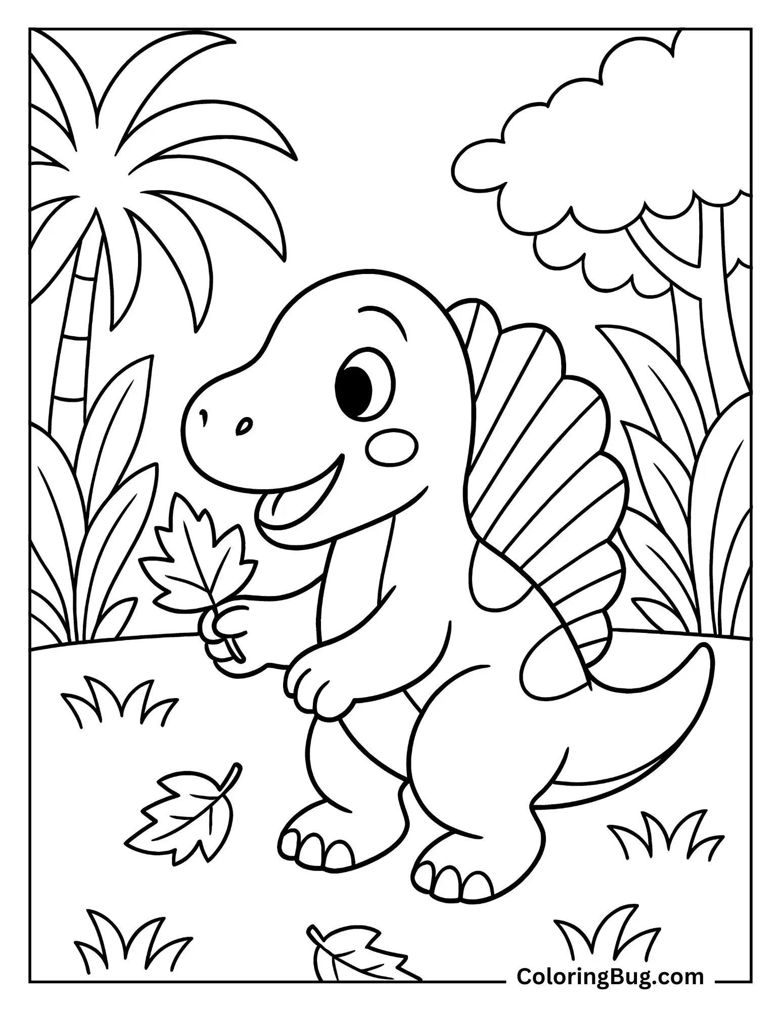 Baby Spinosaurus Playing With Leaves in the Jungle Coloring Sheet