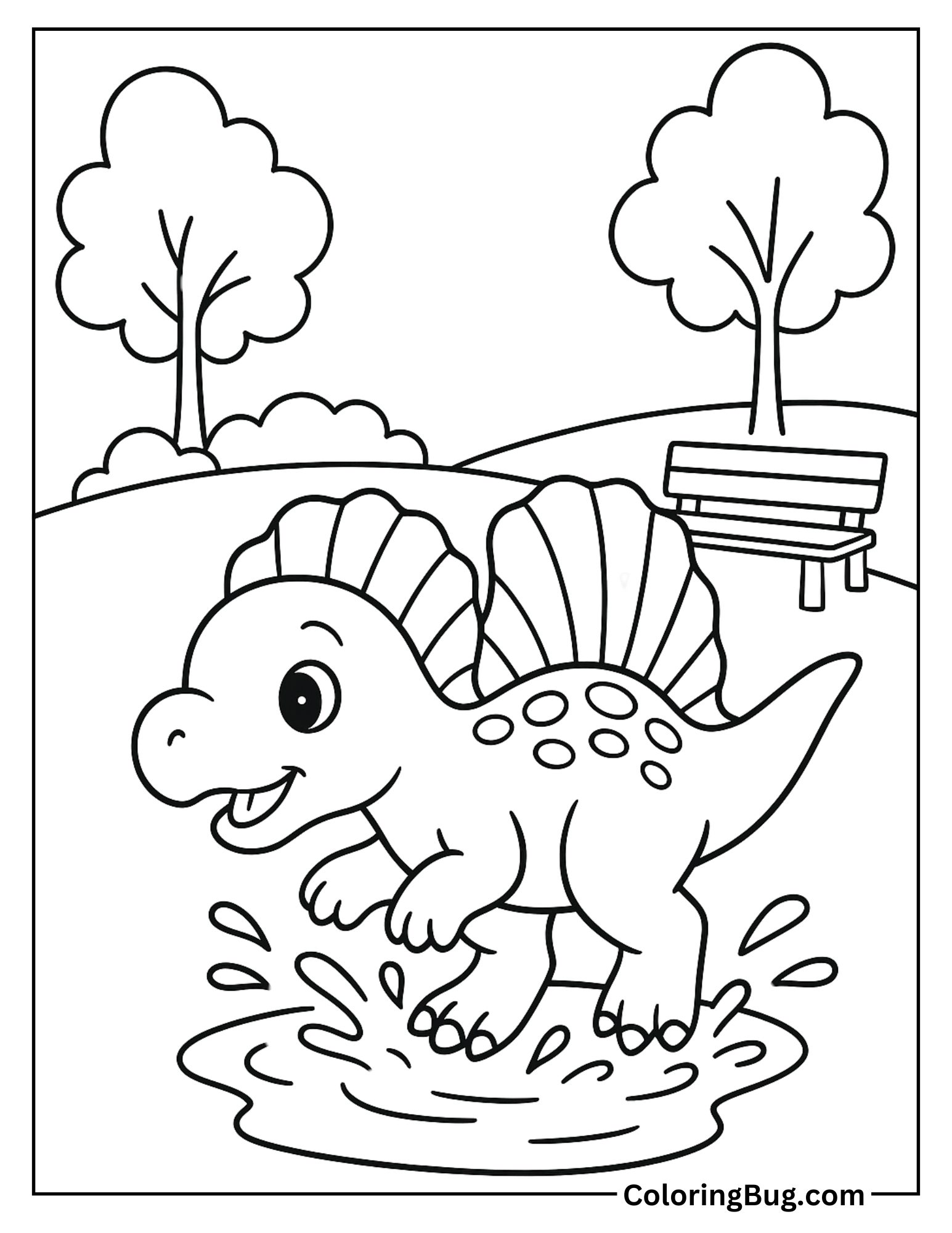 Baby Spinosaurus Splashing in Puddles Coloring Sheet