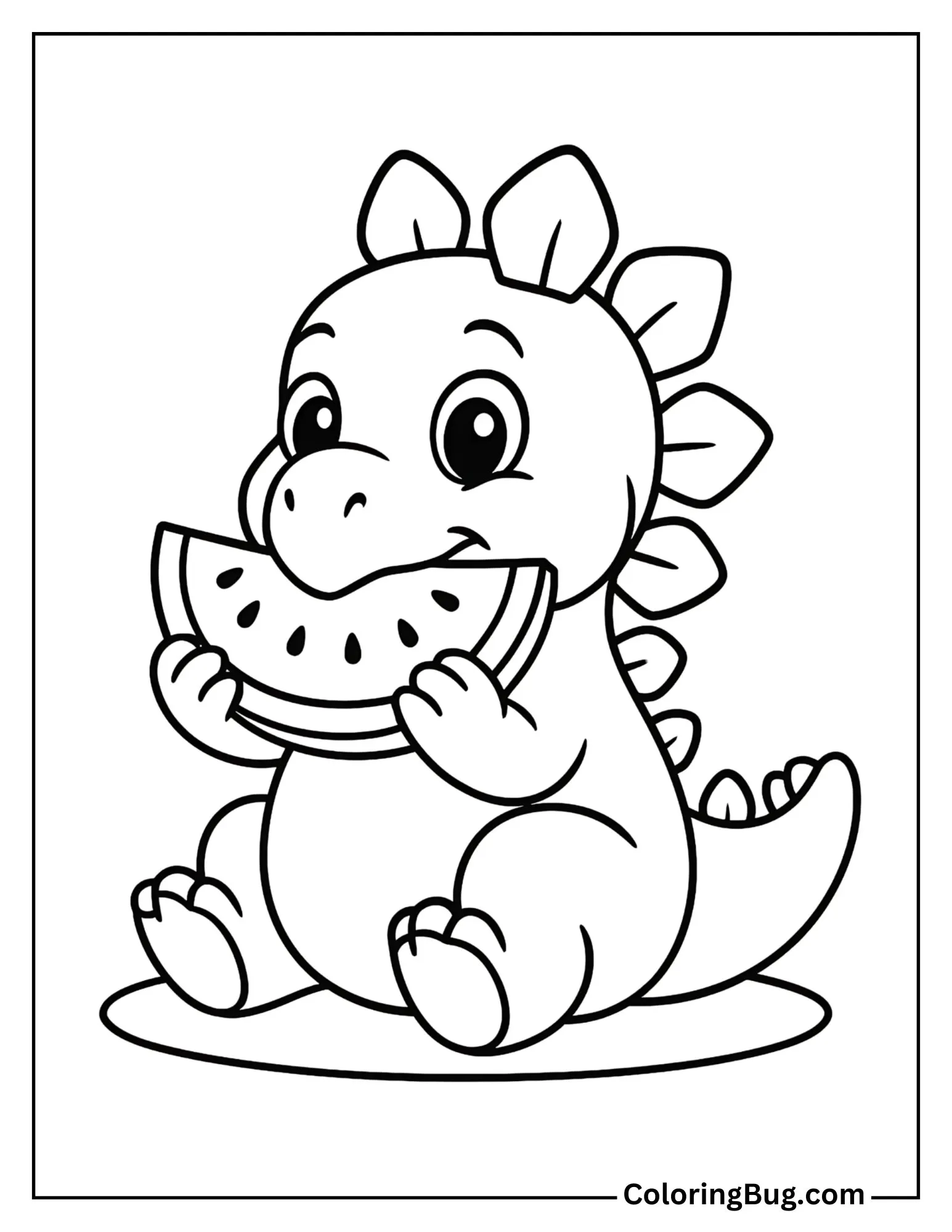 Baby Stegosaurus Eating Watermelon Coloring Sheet