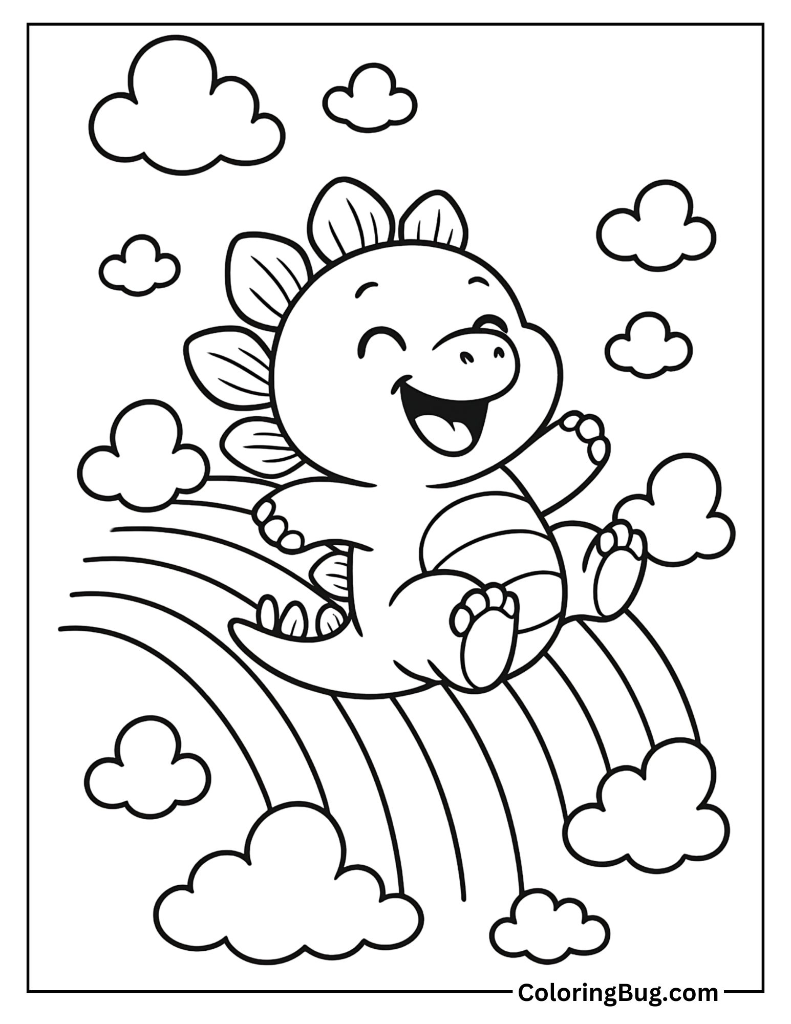 Baby Stegosaurus Sliding Down a Rainbow Coloring Sheet