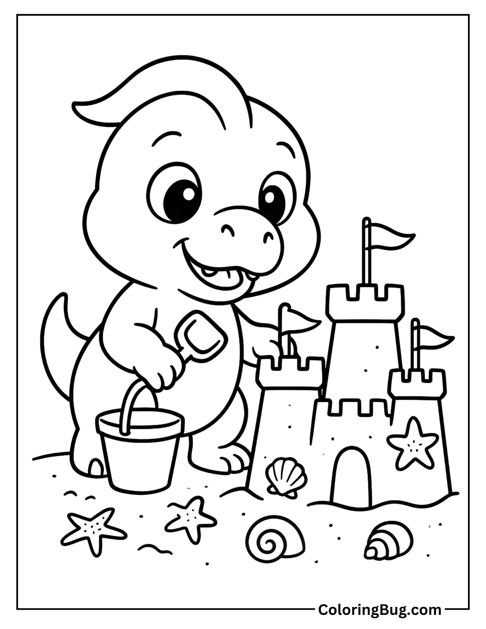 Baby T-Rex Building Sandcastles Coloring Sheet