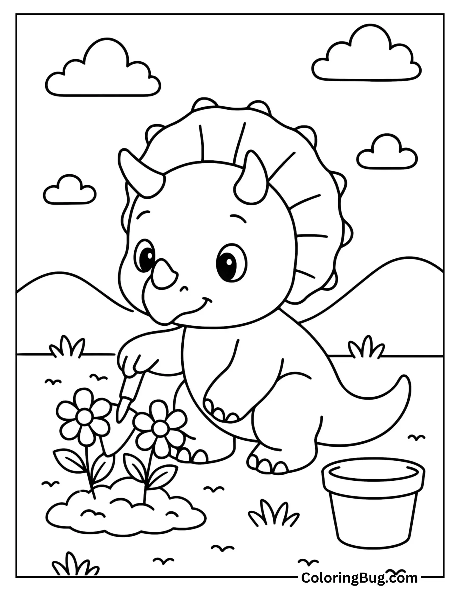 Baby T-Rex Chasing a Butterfly in a Meadow Coloring Sheet