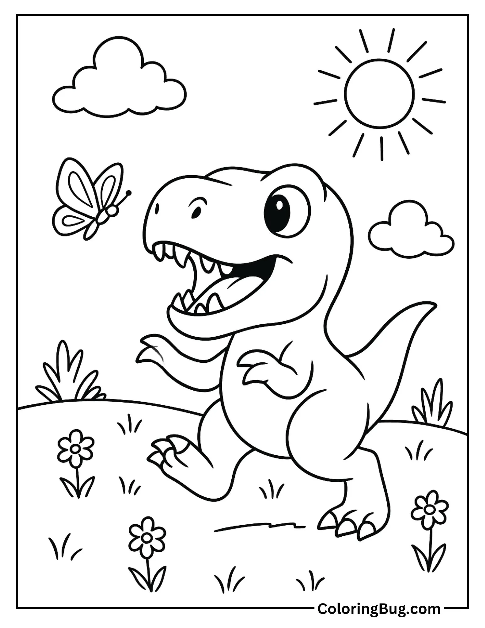 Baby T-Rex Chasing a Butterfly in a Sunny Meadow Coloring Sheet