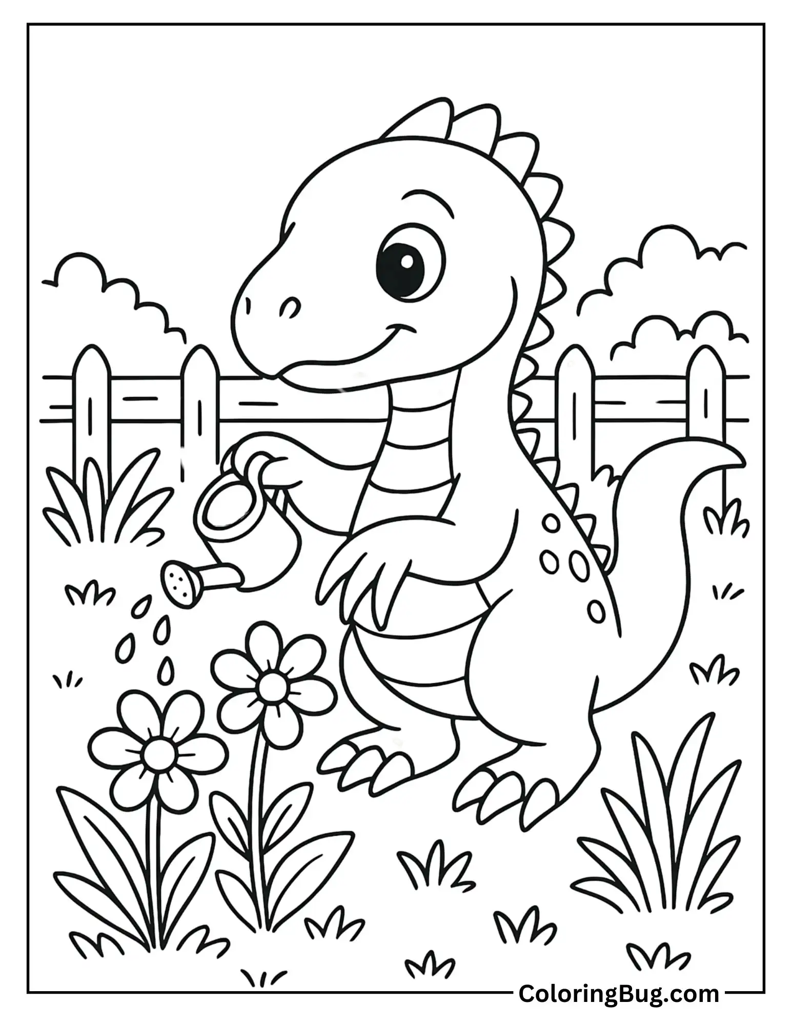 Baby Therizinosaurus Watering Plants with a Tiny Can Coloring Sheet