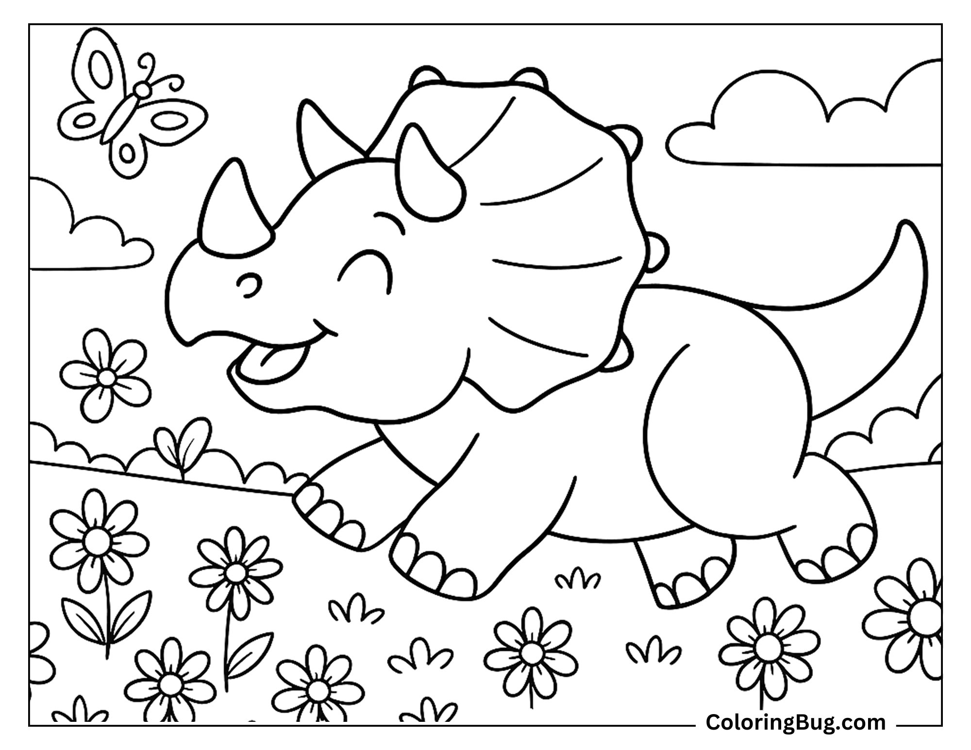 Baby Triceratops Chasing Butterflies Through a Wide Flower Meadow Coloring sheet