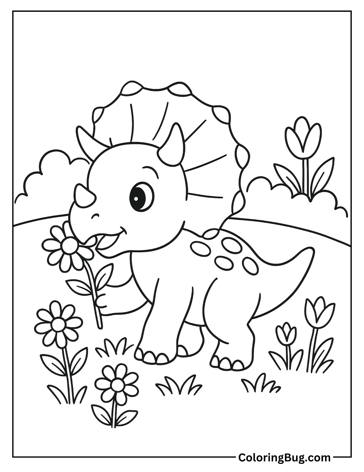 Baby Triceratops Eating Flowers Coloring Sheet