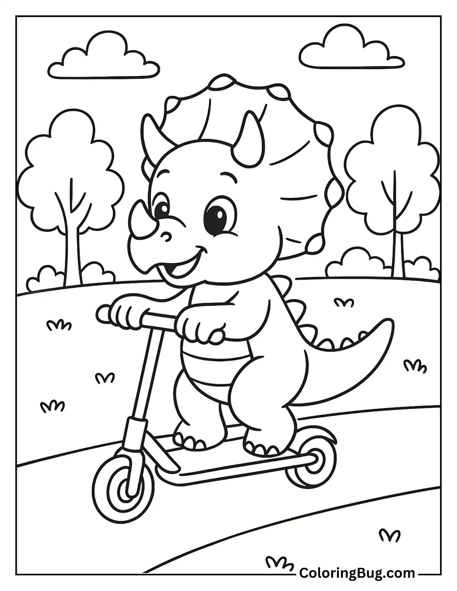 Baby Triceratops Riding a Scooter Coloring Sheet