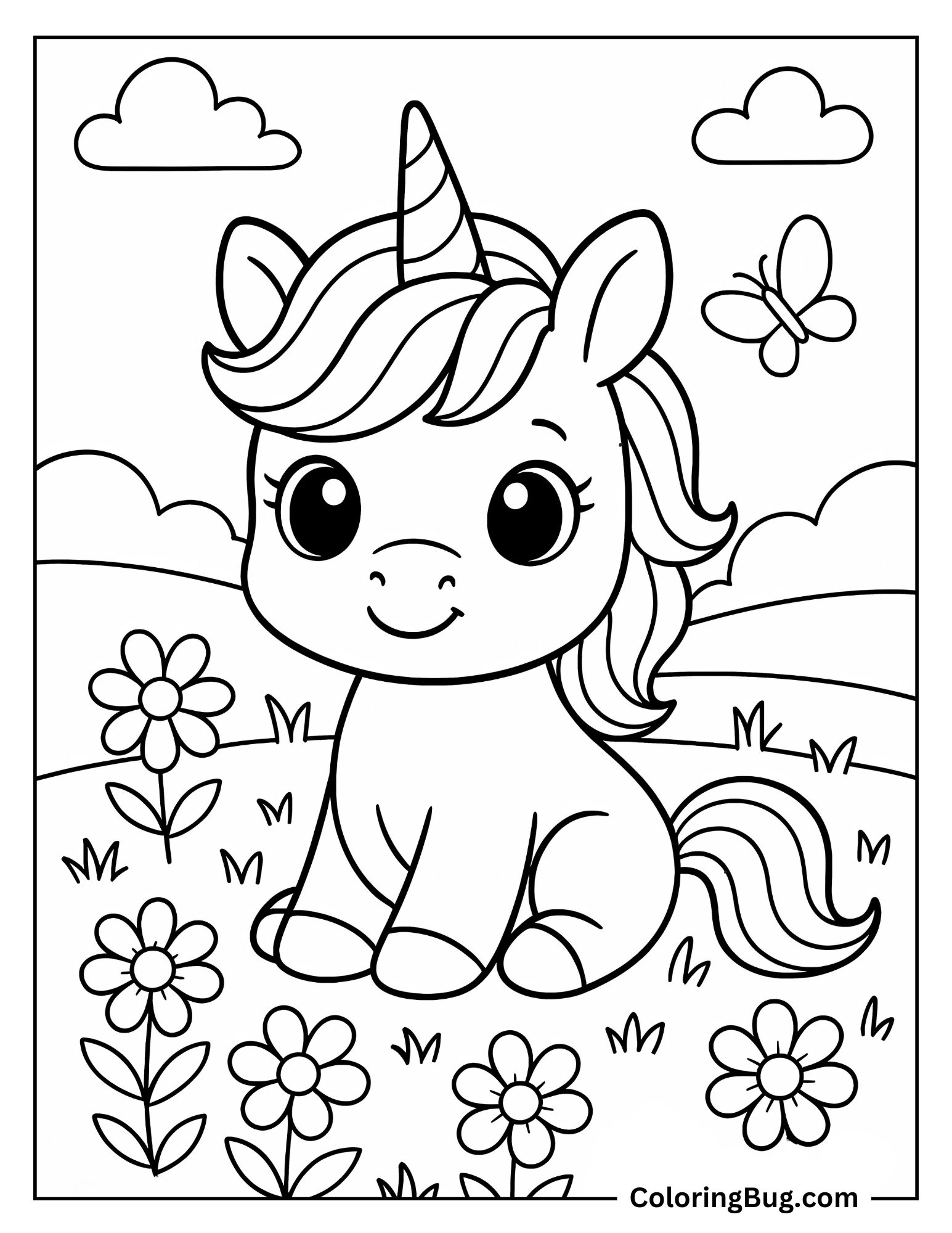 Baby Unicorn Sitting Coloring Sheet