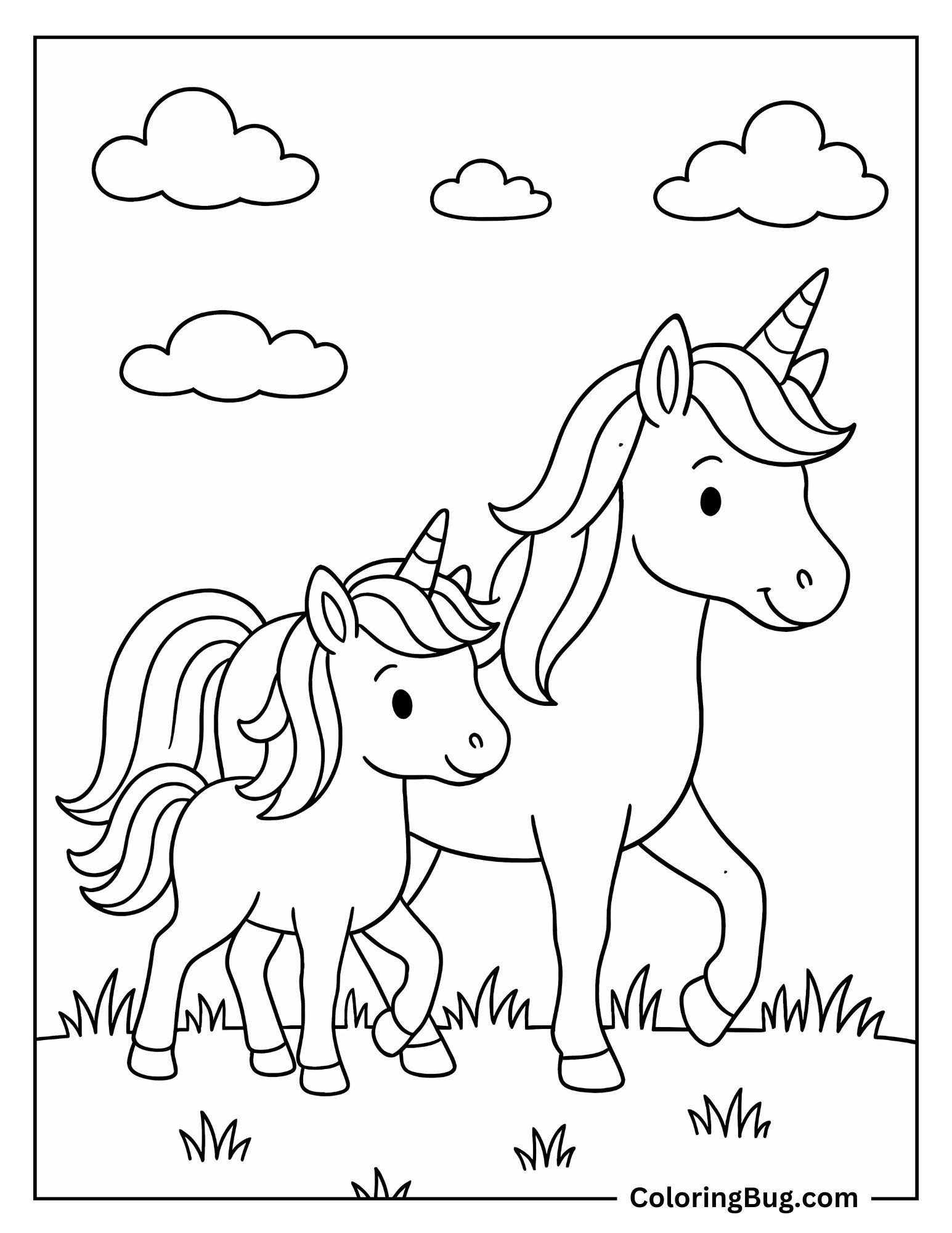 Baby Unicorn Walking With Its Mother Coloring Sheet