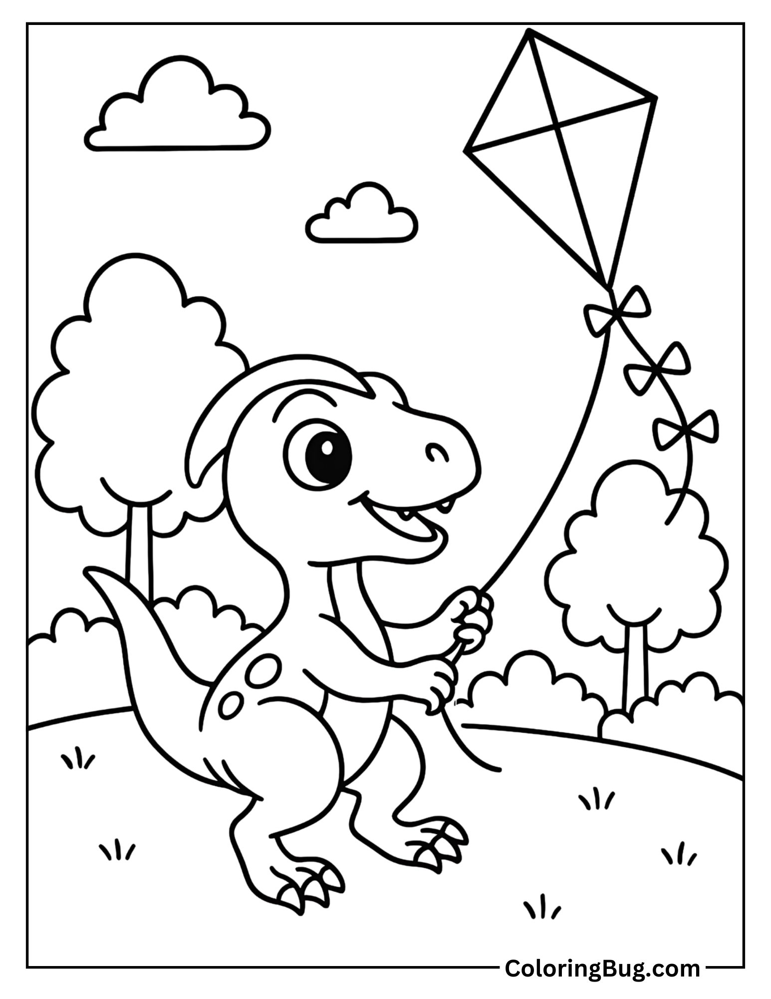 Baby Velociraptor Flying a Kite Coloring Sheet