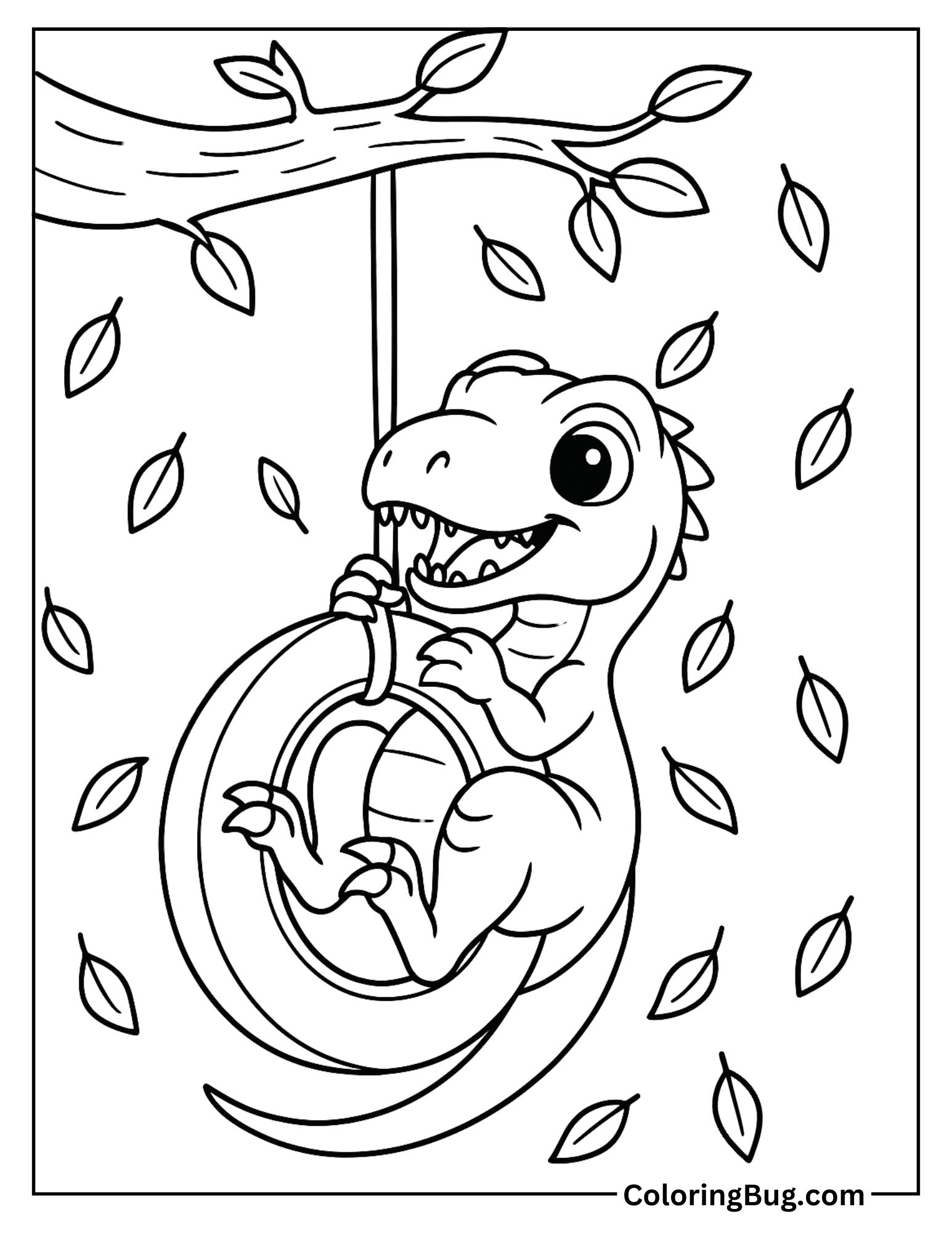 Baby Velociraptor Swinging on a Tire Swing Coloring Sheet