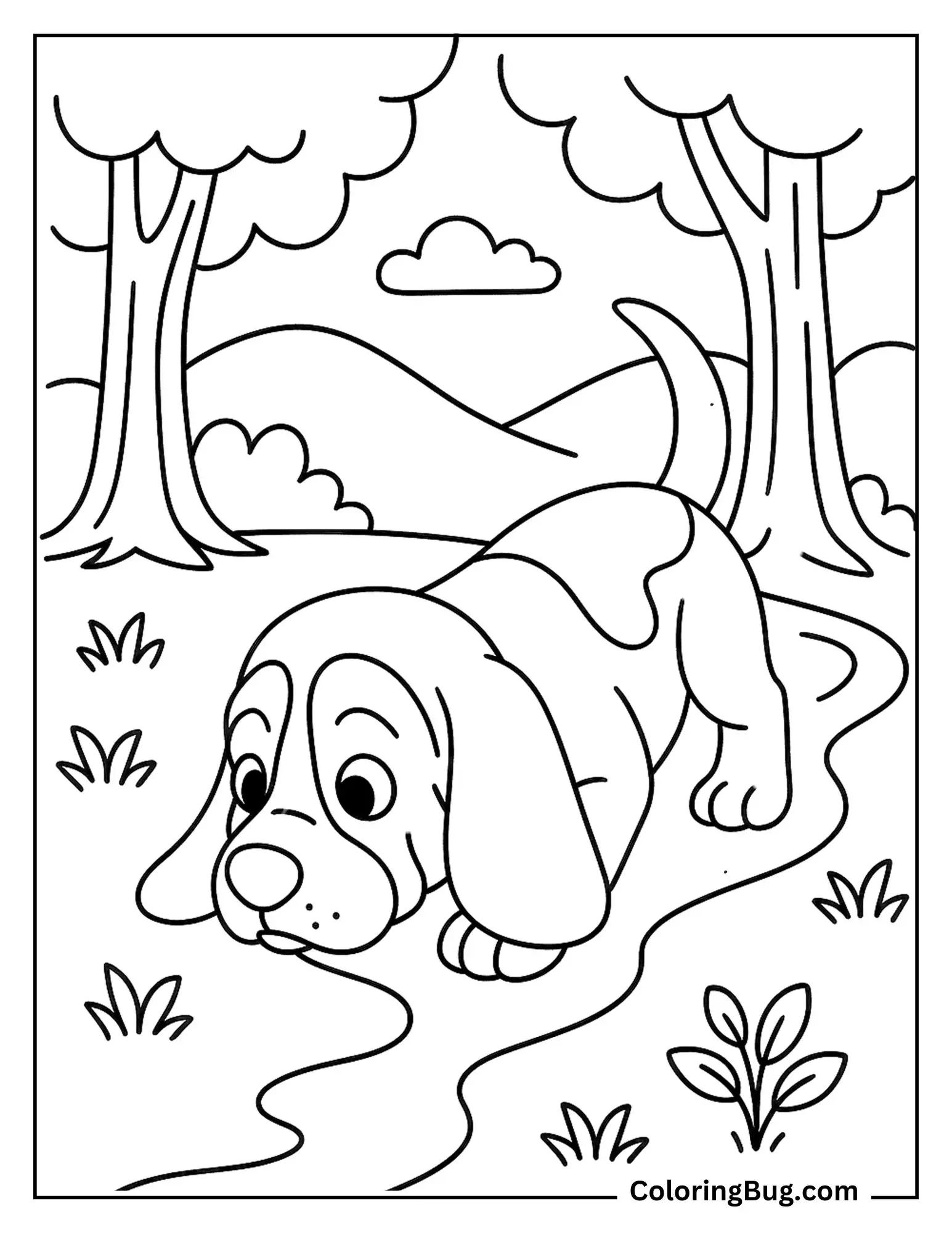 Basset Hound Puppy Sniffing a Trail in the Woods Coloring Sheet