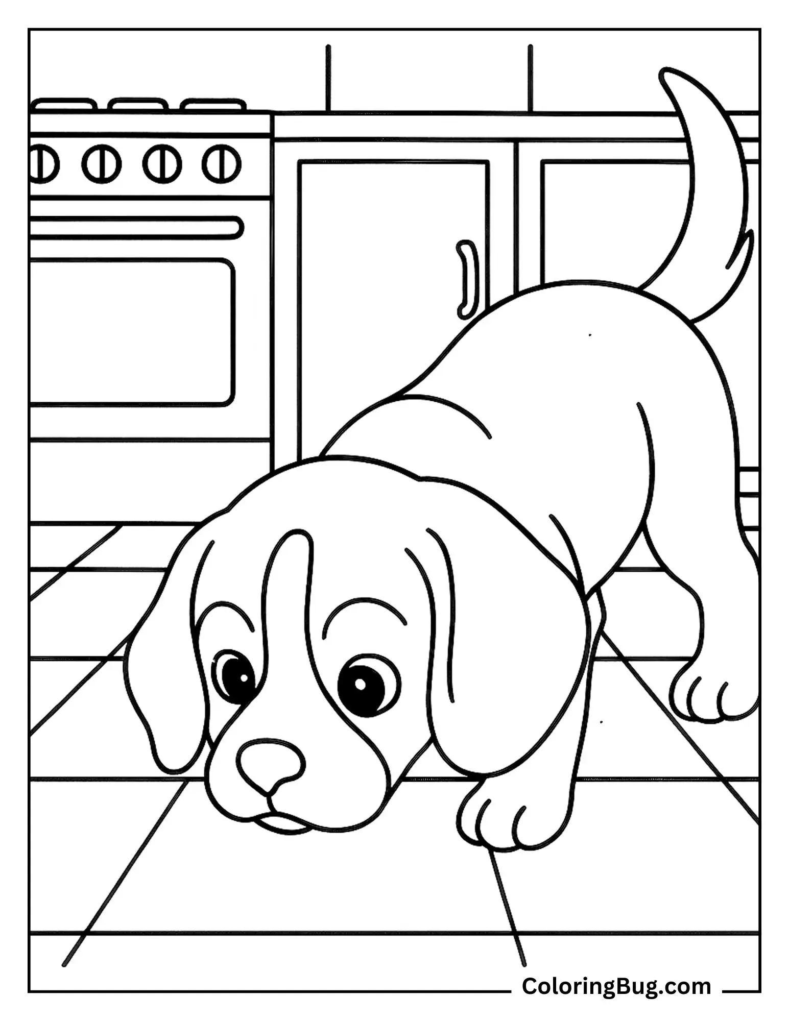 Beagle Puppy Sniffing Around the Kitchen Floor Coloring Sheet