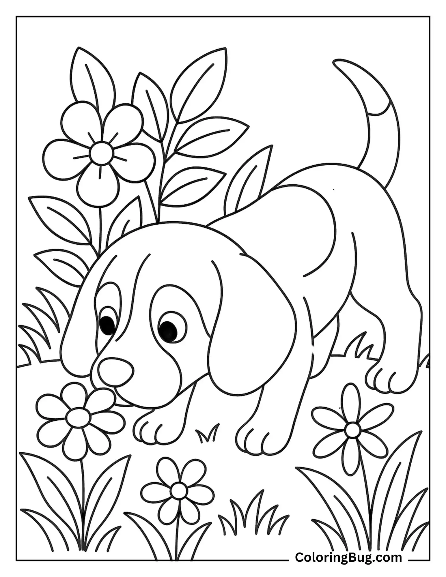 Beagle Puppy Sniffing Flower in the Garden Coloring Sheet