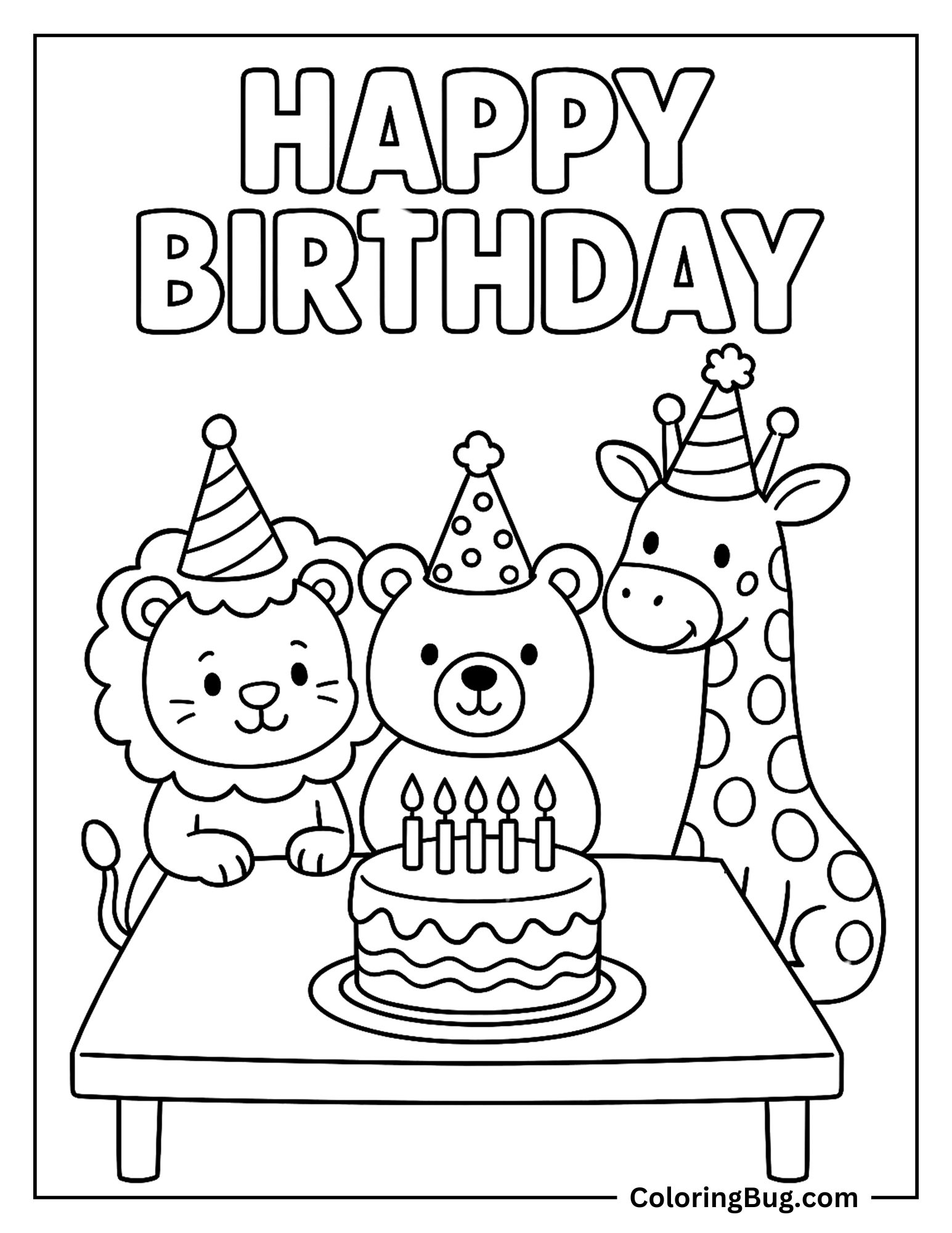Bear Celebrating Its Birthday With Lion And Giraffe Coloring Sheet