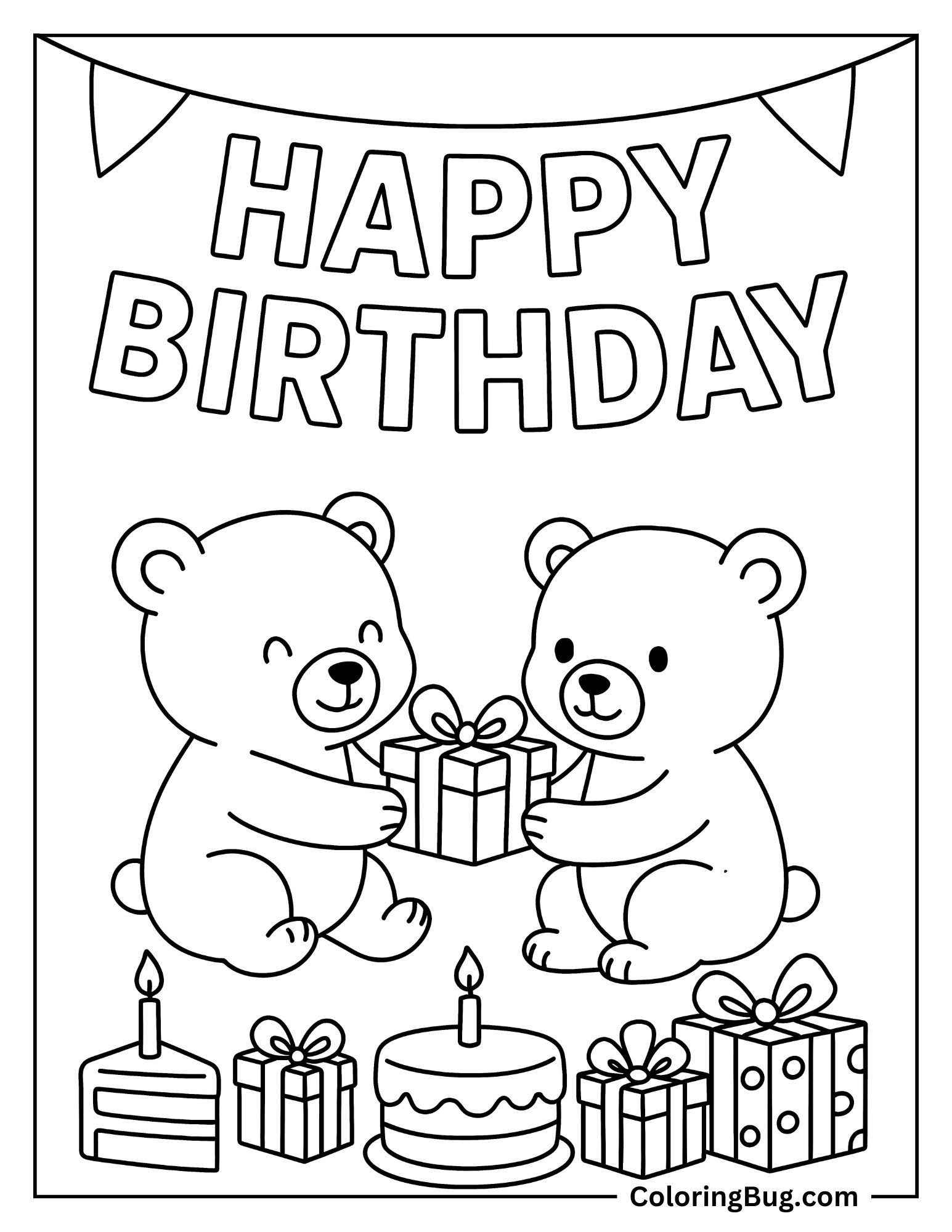Bear Cub Giving Gift to Friend on Its Birthday Coloring Sheet