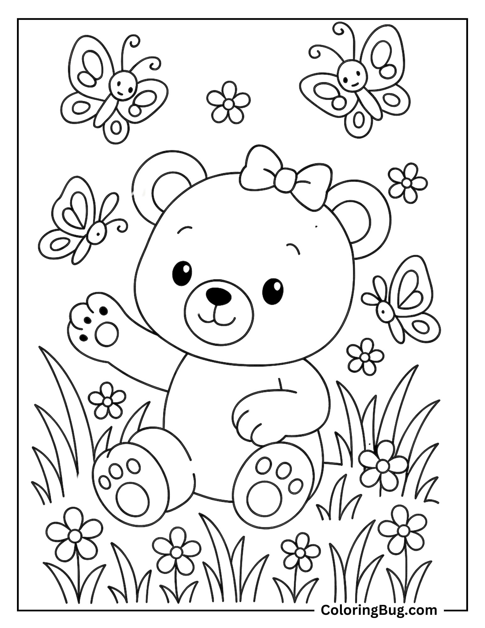 Bear Cub Playing With Butterflies Coloring Sheet