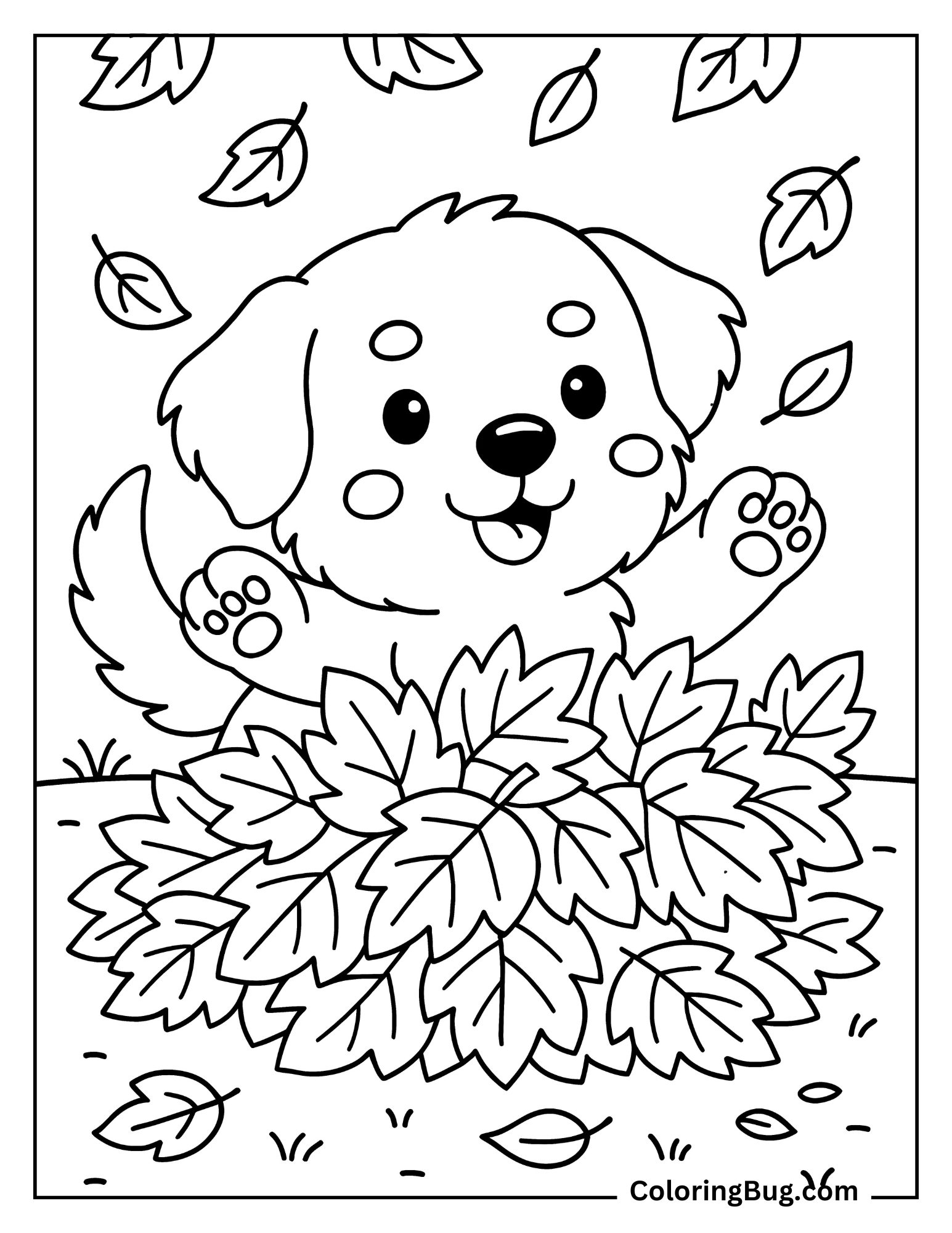 Bernese Mountain Dog Puppy Playing in Pile of Autumn Leaves coloring Sheet