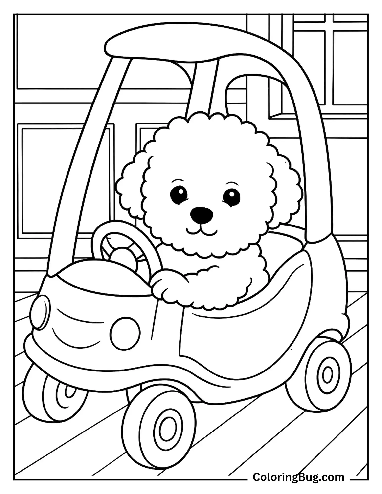 Bichon Frise Puppy Riding in a Toy Car Indoors Coloring Sheet