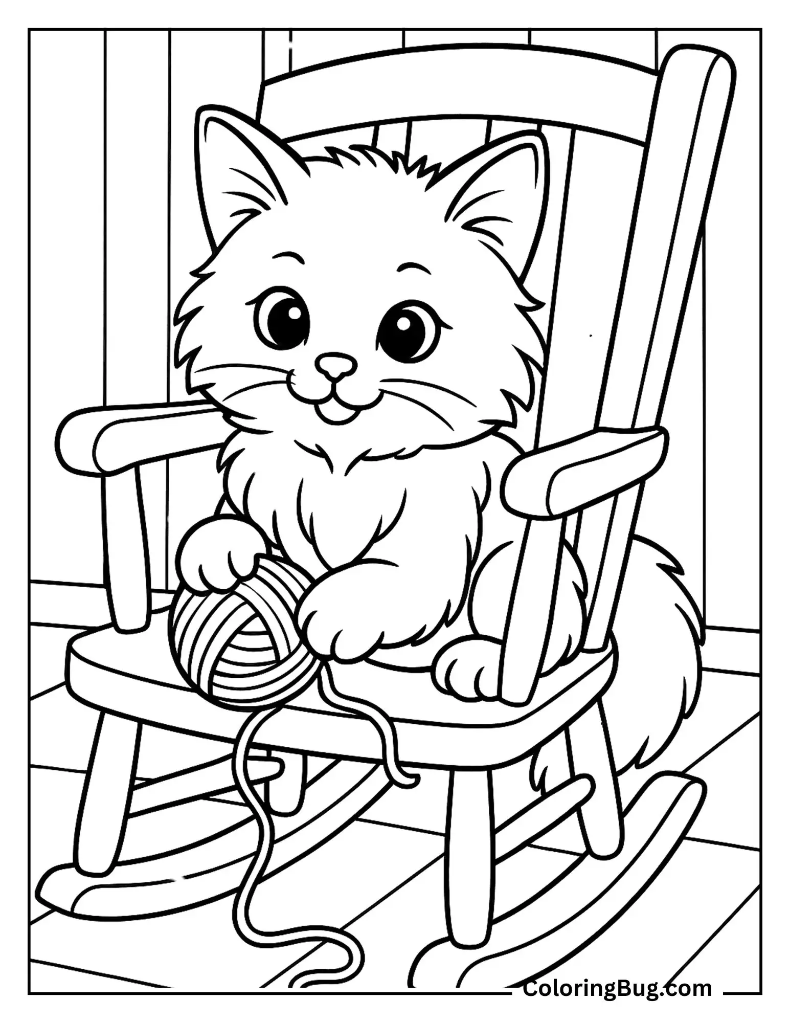 Birman Kitten Playing With Yarn on Rocking Chair coloring Sheet