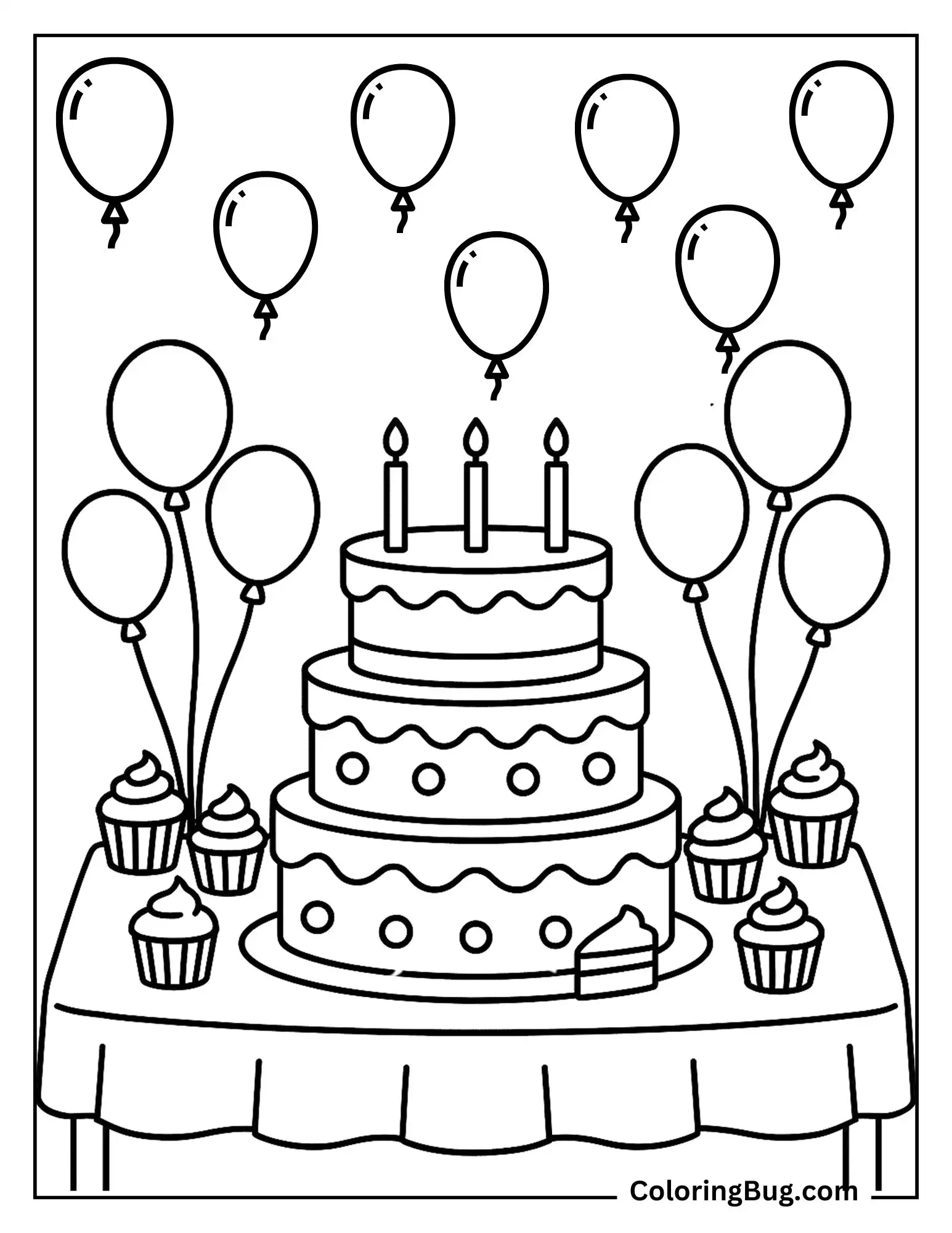 Birthday Cake With Other Dessert on Table Surrounded By Balloons Coloring Sheet