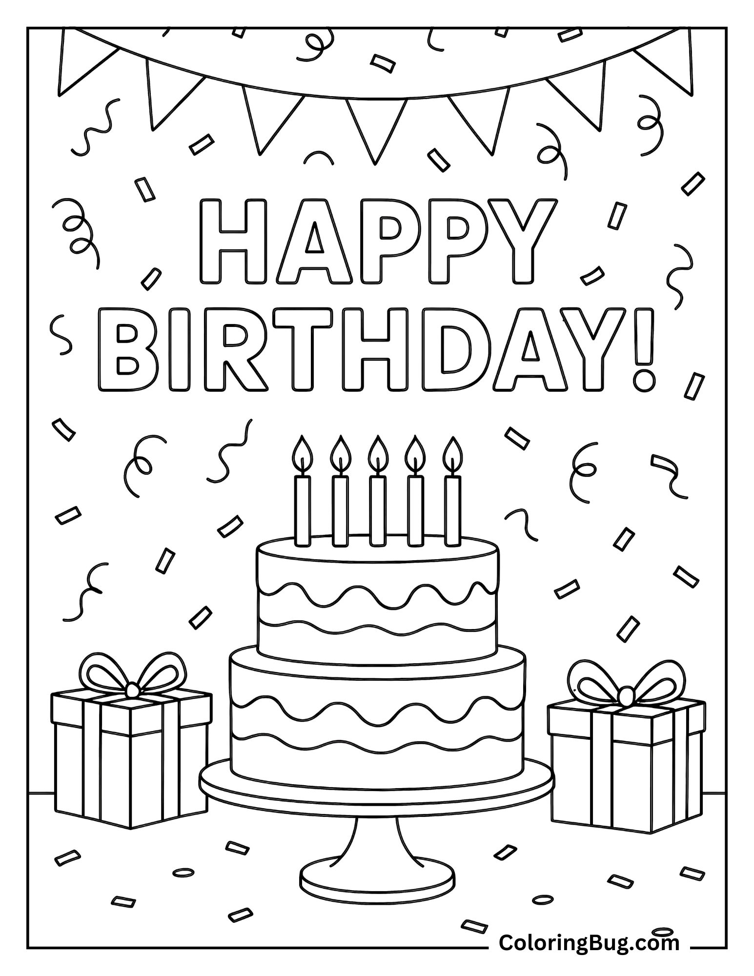 Birthday Cake on a Party Table With Gifts and Confetti Coloring Sheet