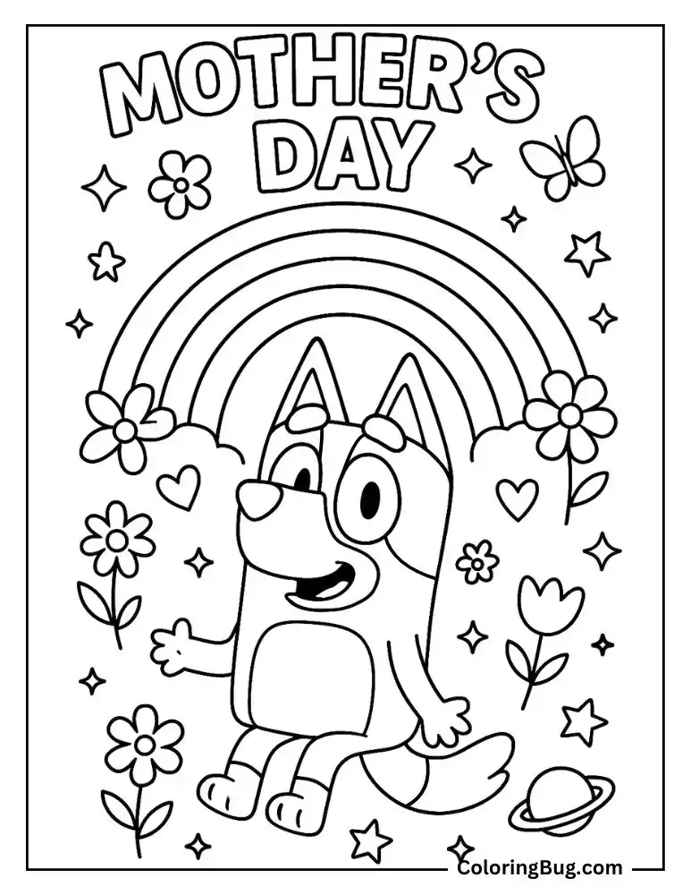 Bluey Mother's Day With Rainbow Coloring Page