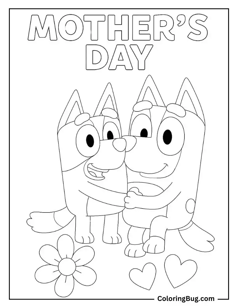 Bluey and Chilli Hugging on Mother's Day Coloring Page