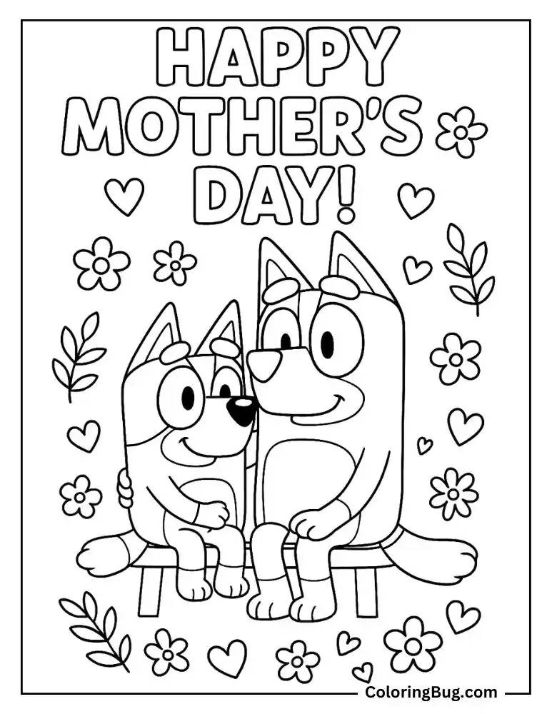 Bluey and Chilli on a Park Bench Coloring Page