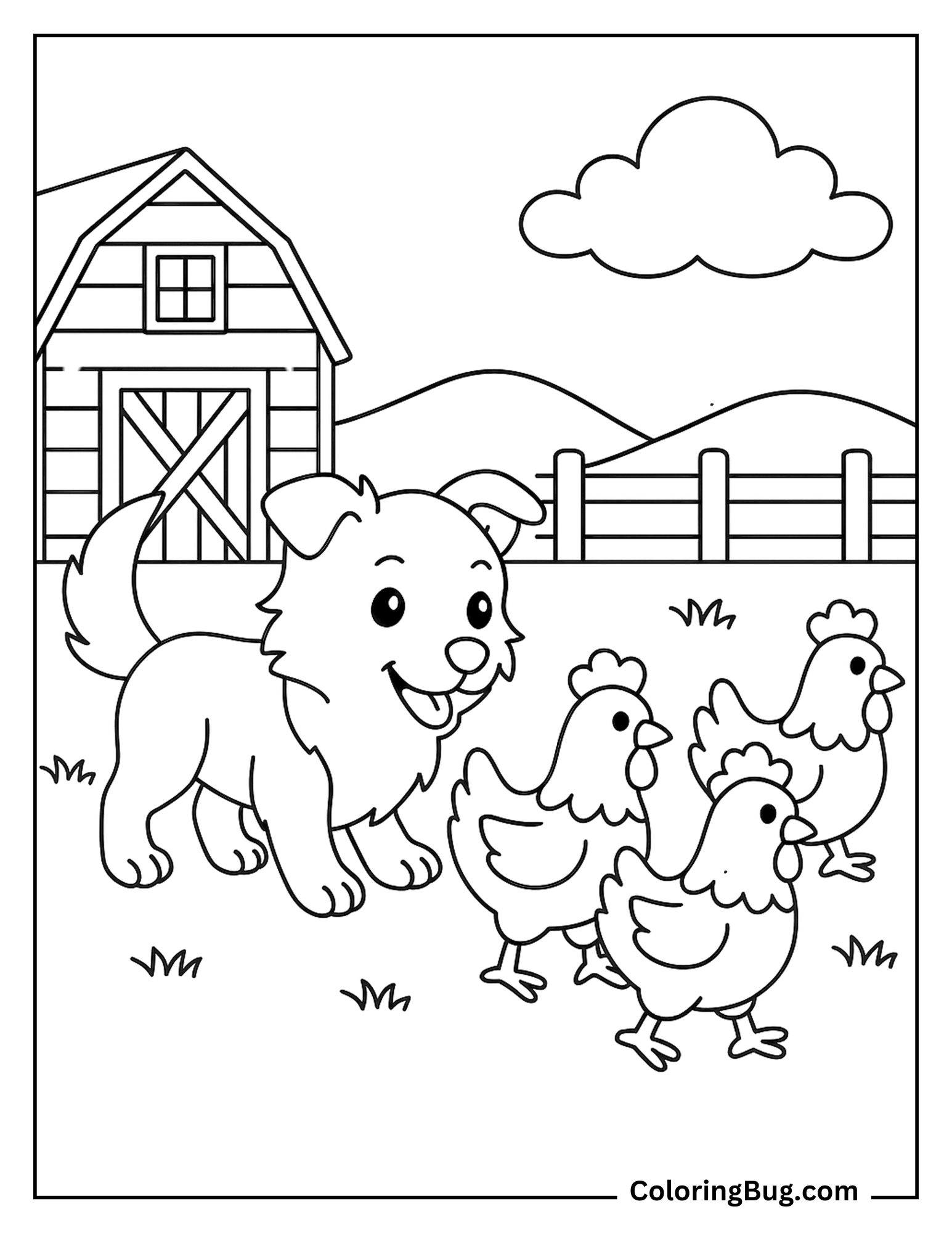 Border Collie Puppy Helping Herd Backyard Chickens coloring Sheet