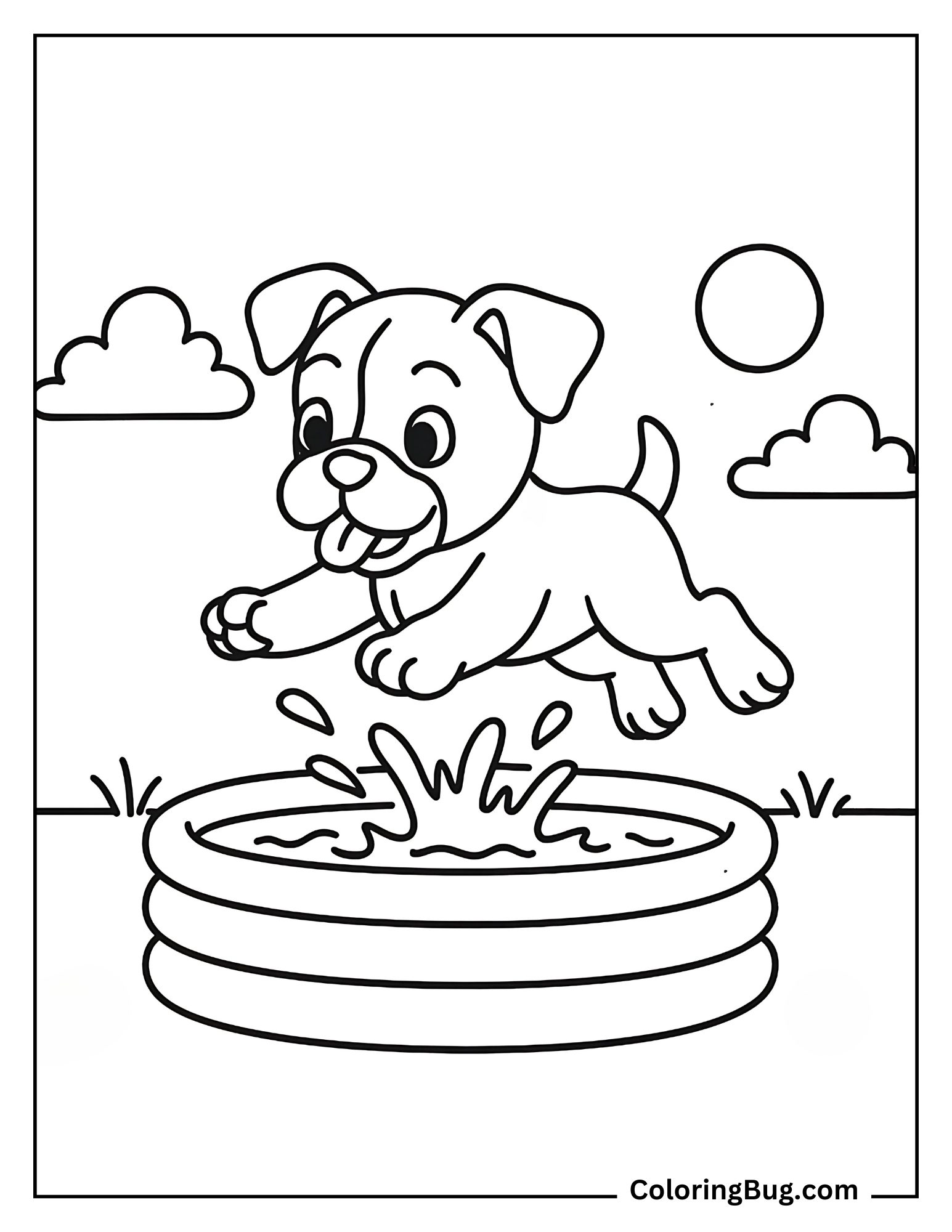 Boxer Puppy Jumping Into a Kiddie Pool Coloring Sheet