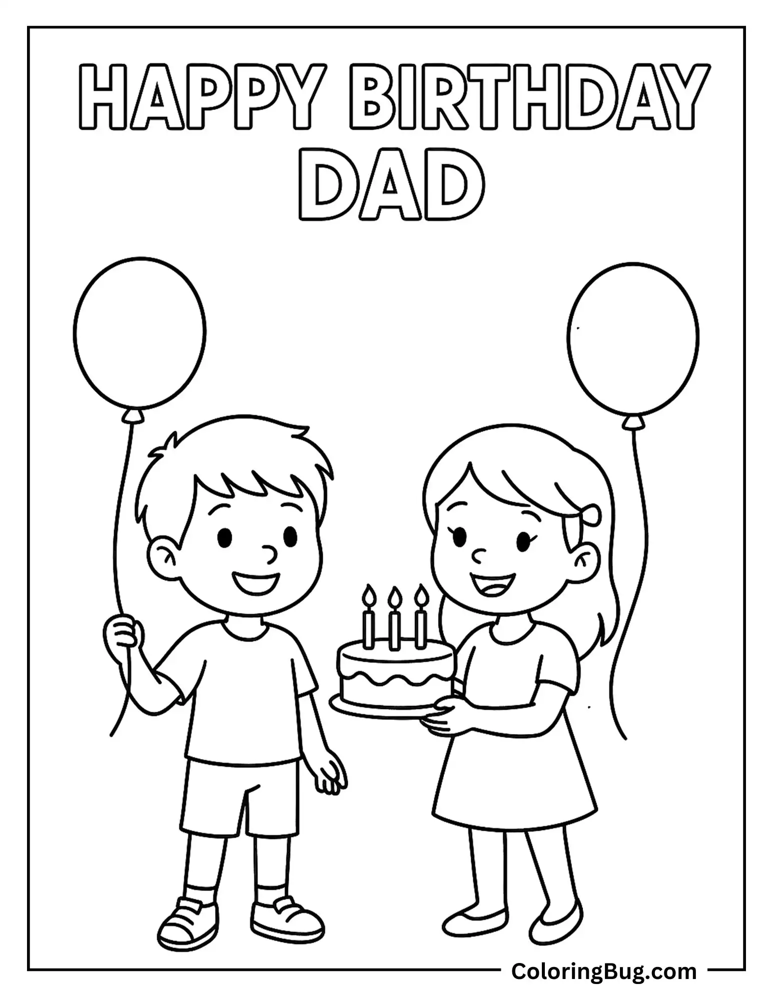 Boy And Girl Holding Cake And Balloon For Dad Coloring Sheet