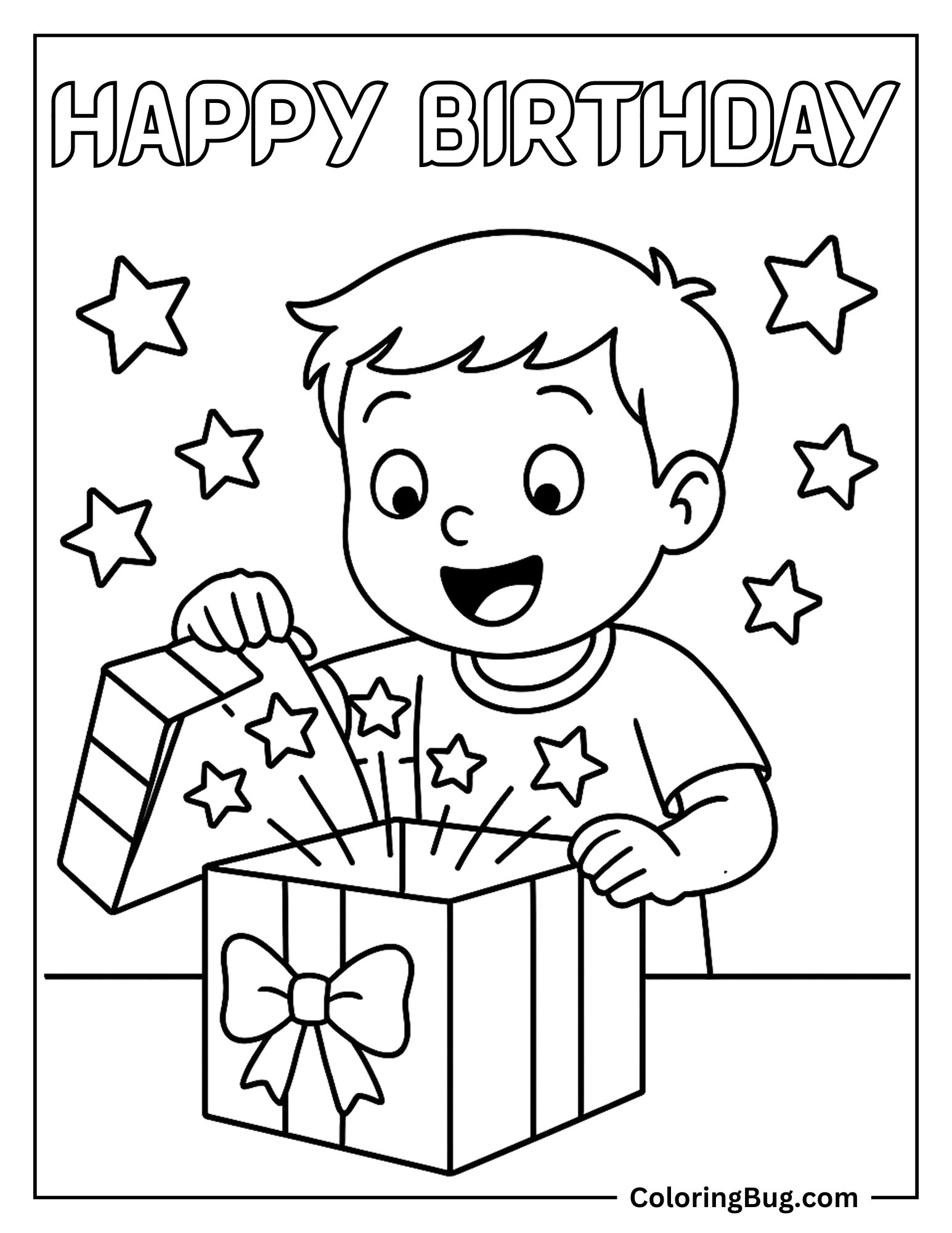 Boy Opening a Birthday Present Coloring Sheet
