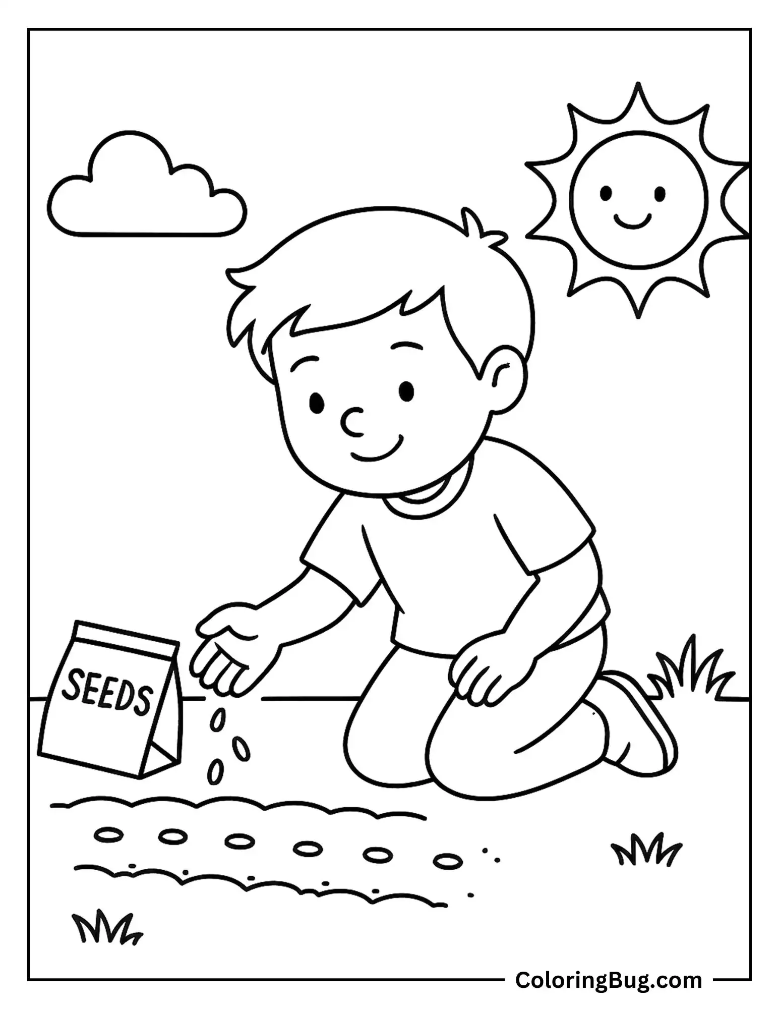 Boy Planting Seeds in the Warm June Soil Coloring Sheet
