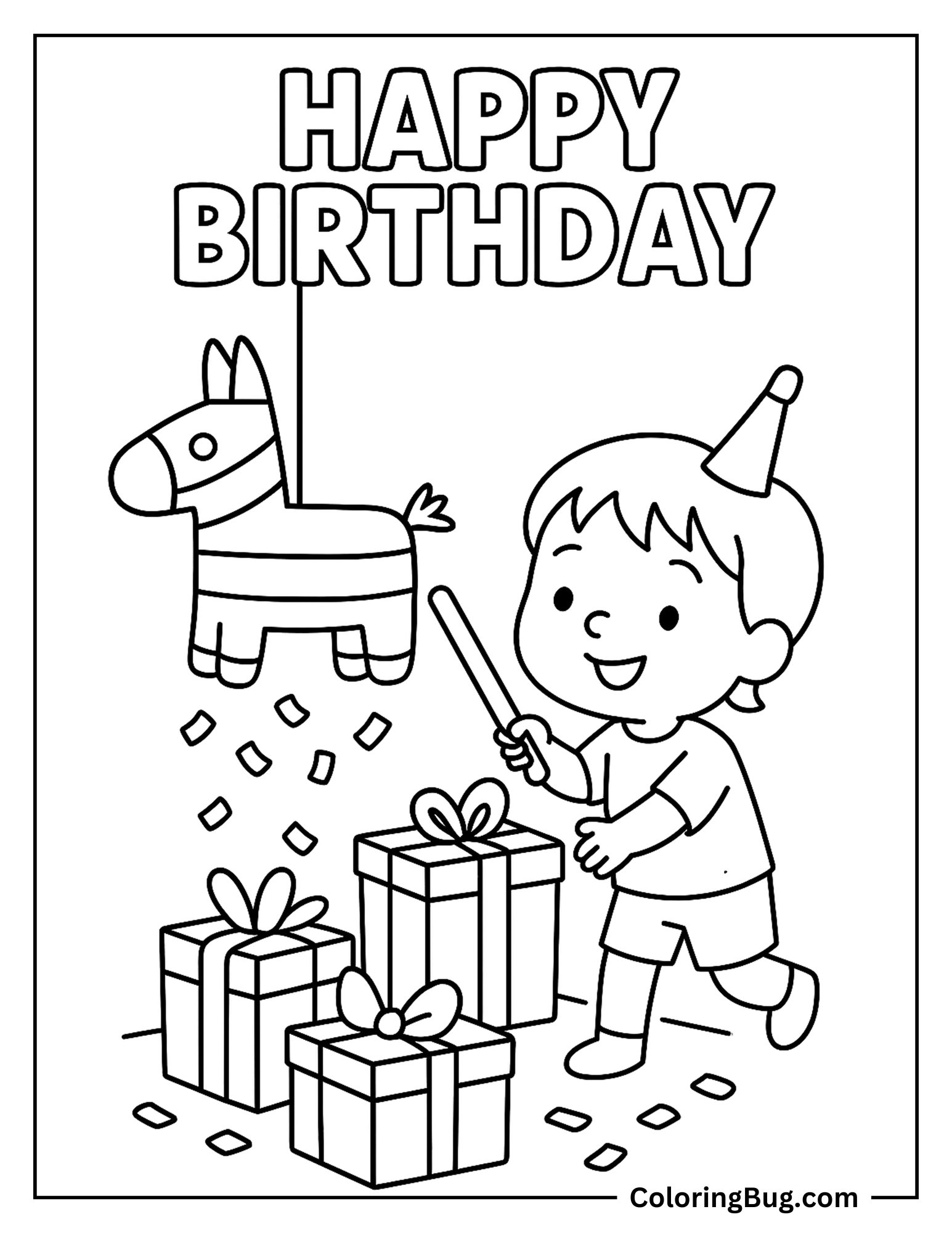 Boy Playing With a Birthday Piñata Coloring Sheet