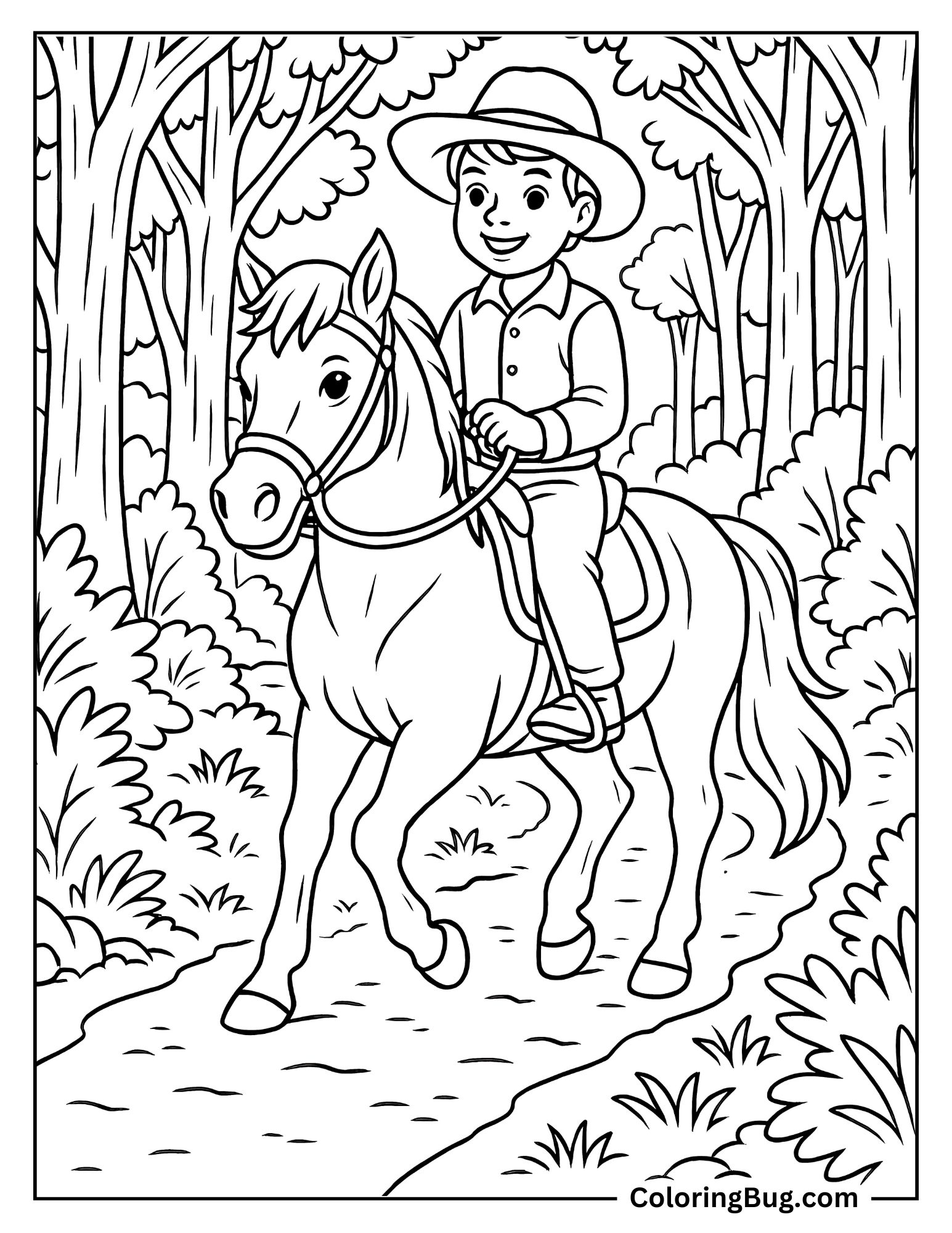 Boy Riding a Horse Through Forest Coloring Sheet