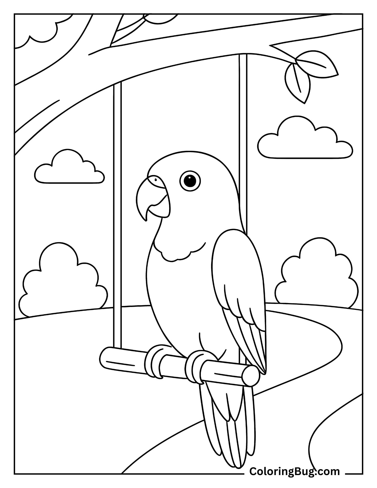 Brown-Headed Parrot Resting on a Tree Swing in the Park Coloring Sheet