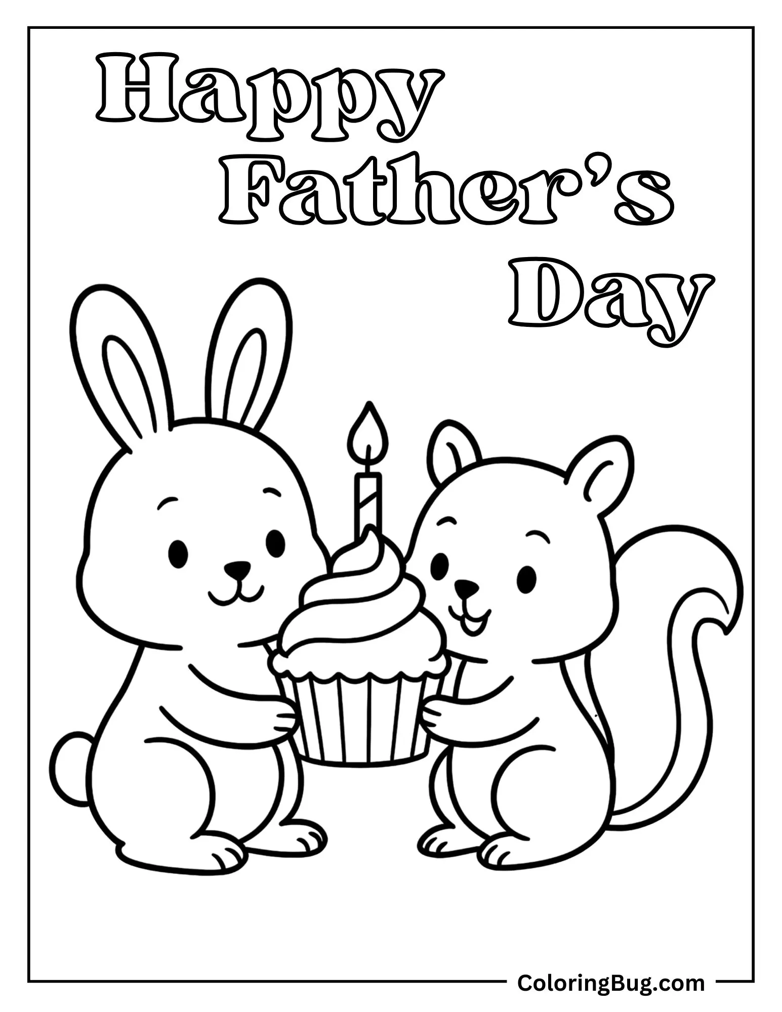 Bunny and Squirrel Duo Presenting a Cupcake to Grandpa Coloring Sheet