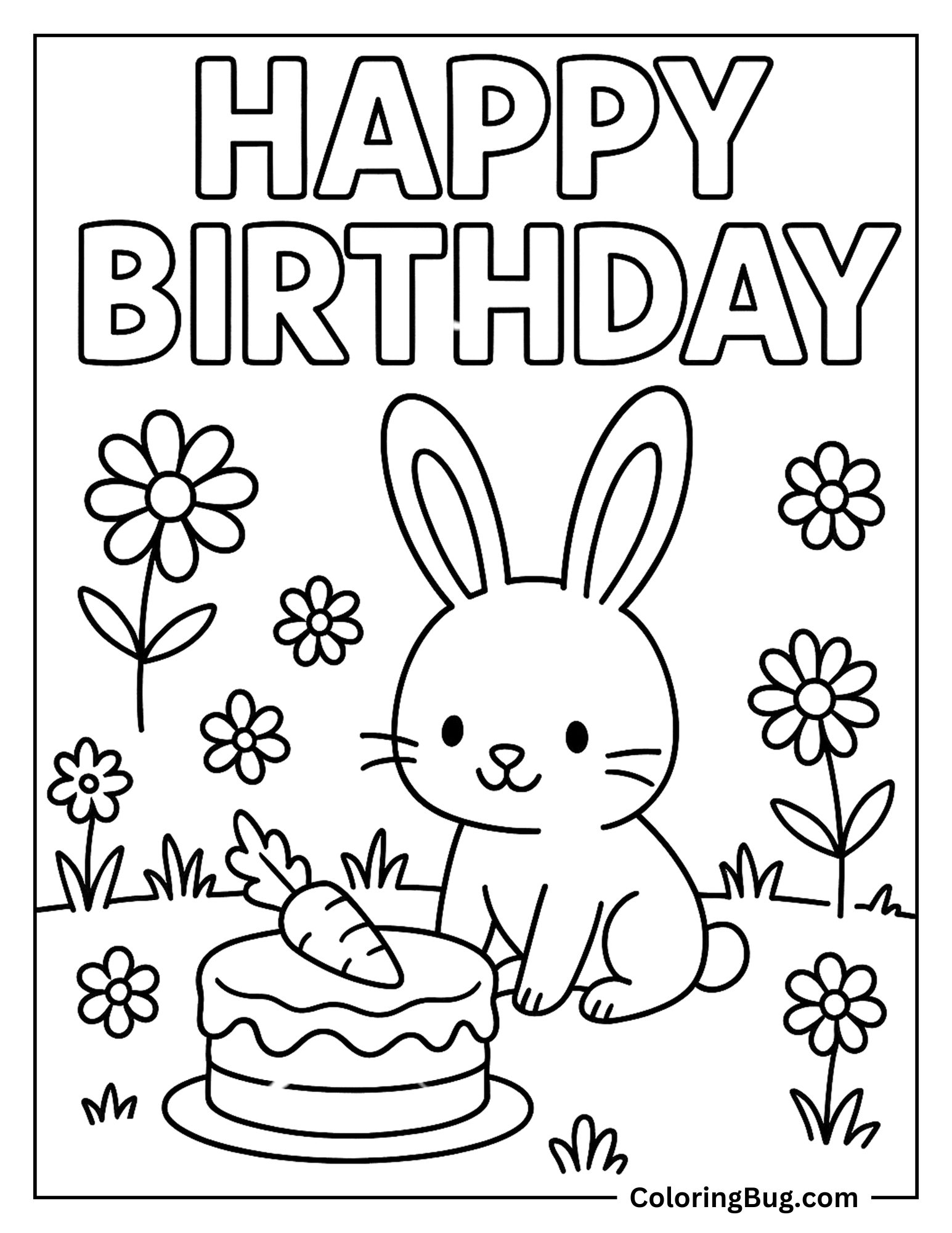 Bunny in a Flower Field With a Carrot Cake Coloring Sheet