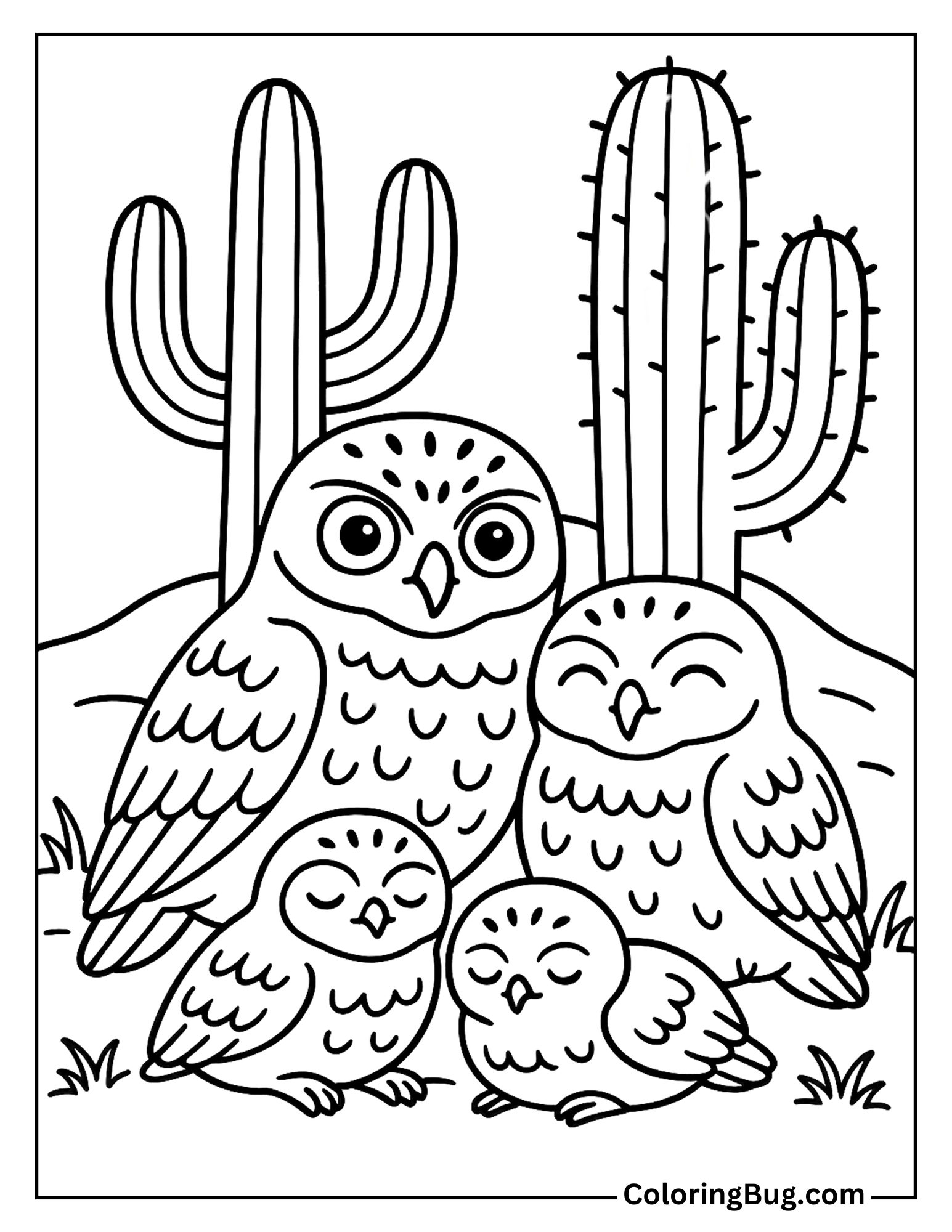 Burrowing Owl Family Resting Near Cactus Coloring Sheet