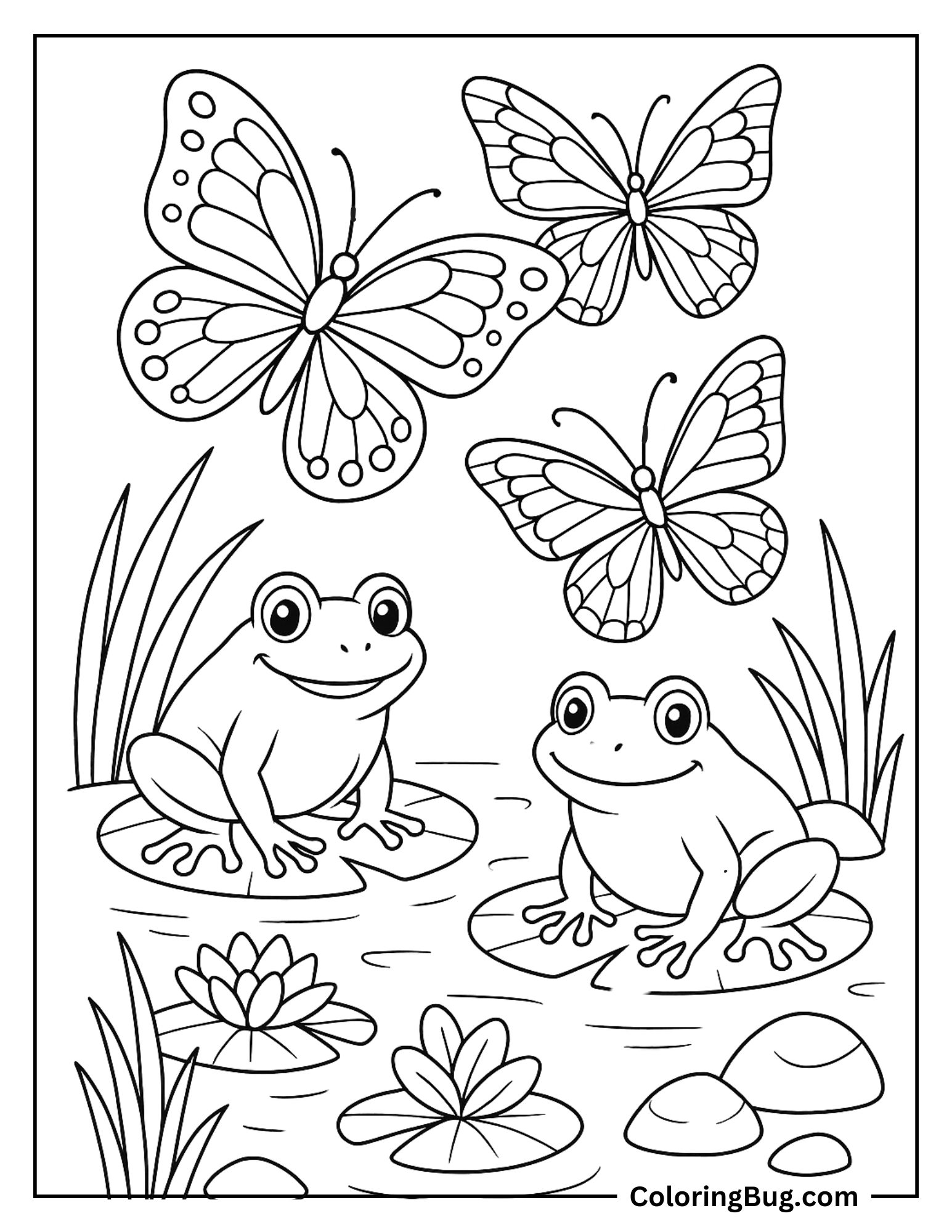 Butterflies Above a Pond With Frogs Coloring Sheet
