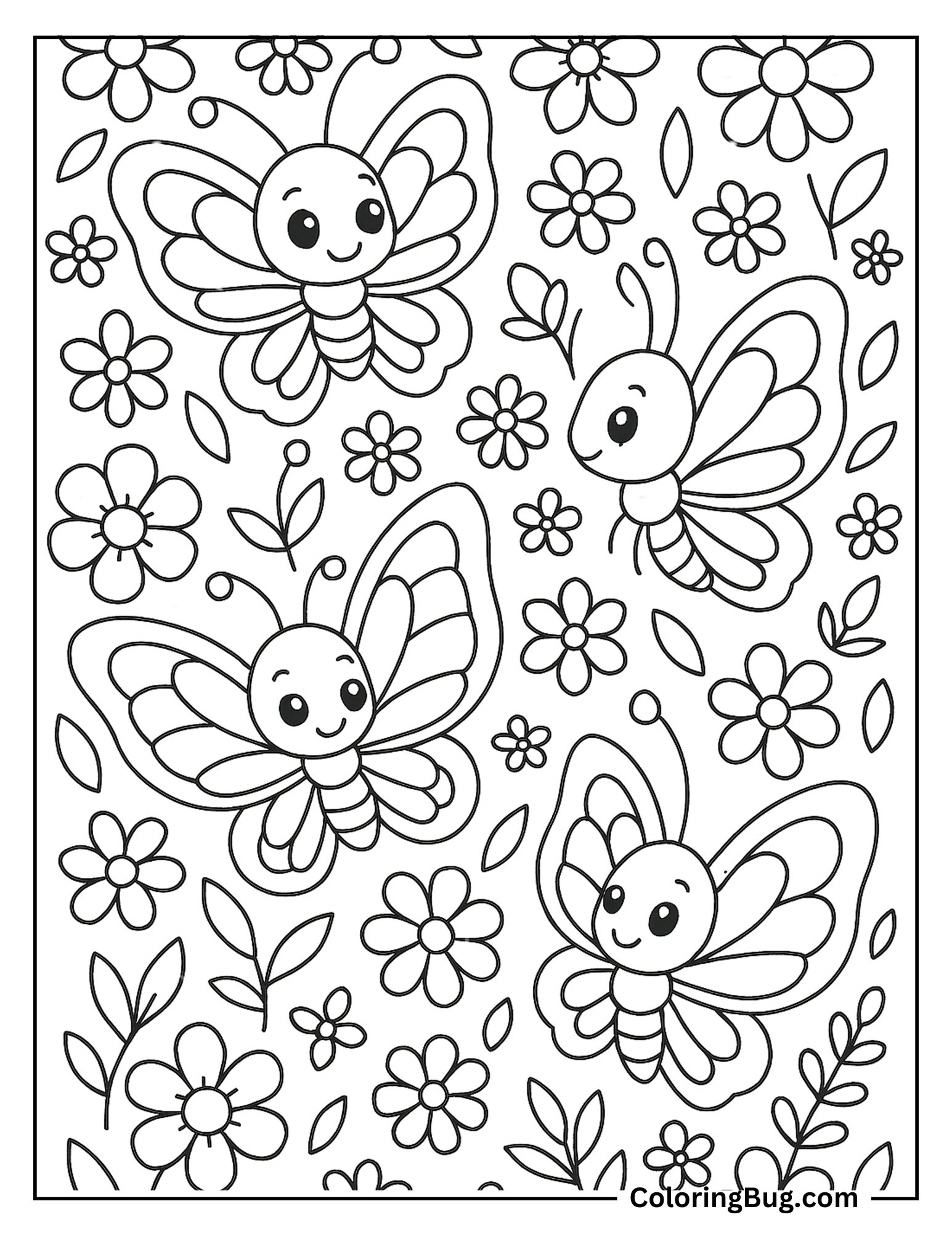 Butterflies And Flowers Coloring Sheet