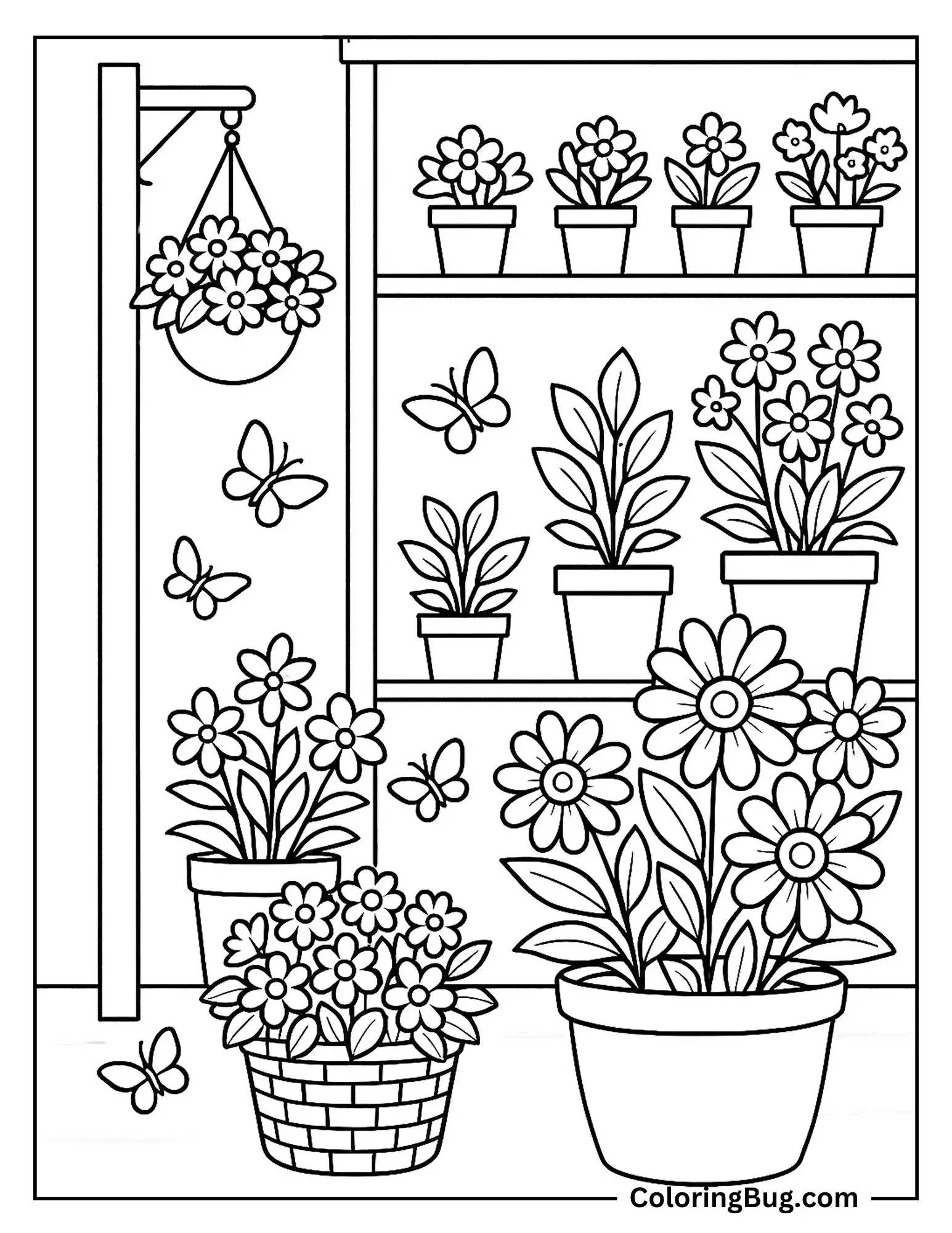 Butterflies Flying Around Flowers Shop Coloring Sheet