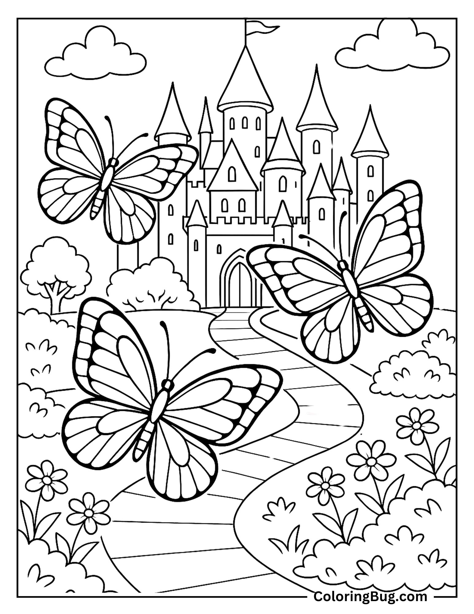 Butterflies Flying in Front of Castle Coloring Sheet